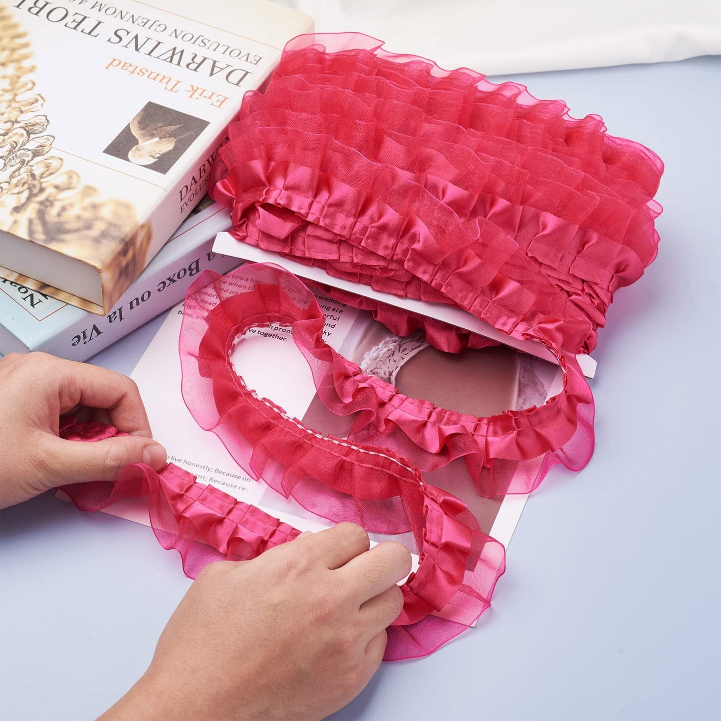Beadthoven 21.8 Yards Double-Layer Lace Edge Trim Organza Ribbons 1-5/8 Gathered Pleated Ruffle Trim Chiffon Lace Tulle Trimmings Fabric Ribbon for Sewing DIY Crafts Dress Costume Pillowcase Hot Pink
