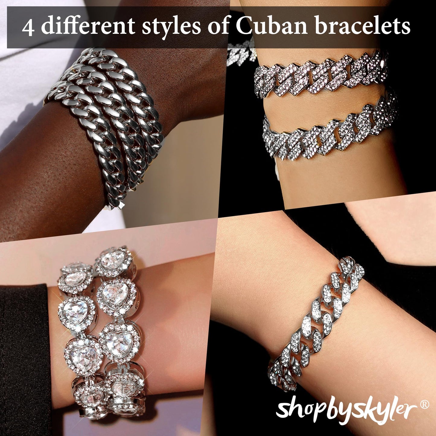 shopbyskyler 4PCS Gold Bracelets for Women Silver Clustered Tennis Bracelet for Women Heart Round Diamond Cuban Bracelet Layered Link Bracelet Set Fashion Jewelry for Women Set (Silver-2, 8inch)