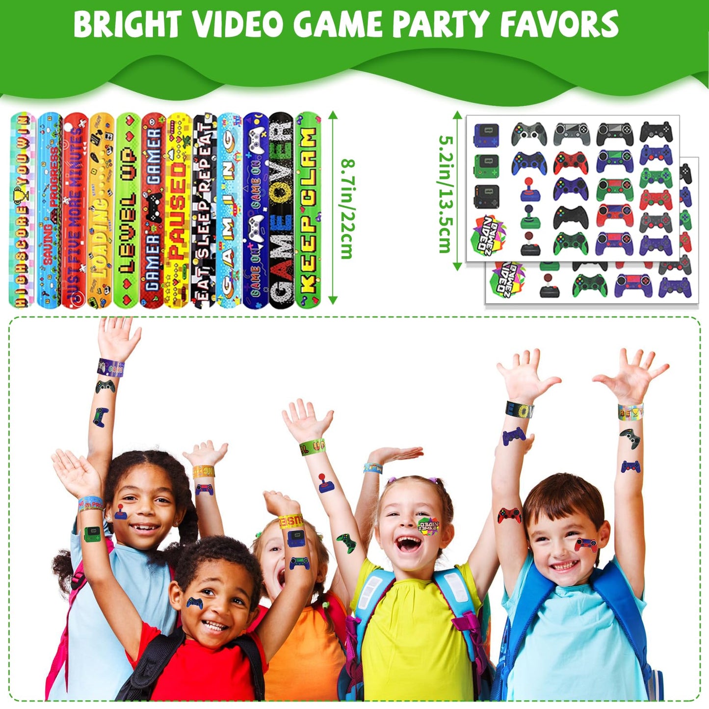 146 Pcs Video Game Party Favors, Gamer Party Favor -Ink Pen Notebook VIP Passes with Lanyards Slap Bracelets Keychains Bags Tattoo Stickers for Kids Gaming Party Favors Game On Birthday Partys Favor
