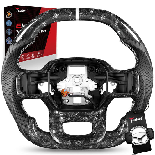 TESFEEL Forged Carbon Fiber Steering Wheel Heated for F150 Raptor Gen 3 (2021-2025), Silver Foil Flakes with Matching Trim, Double D, White Stripe & Stitching, for Raptor (Base V6 Models)