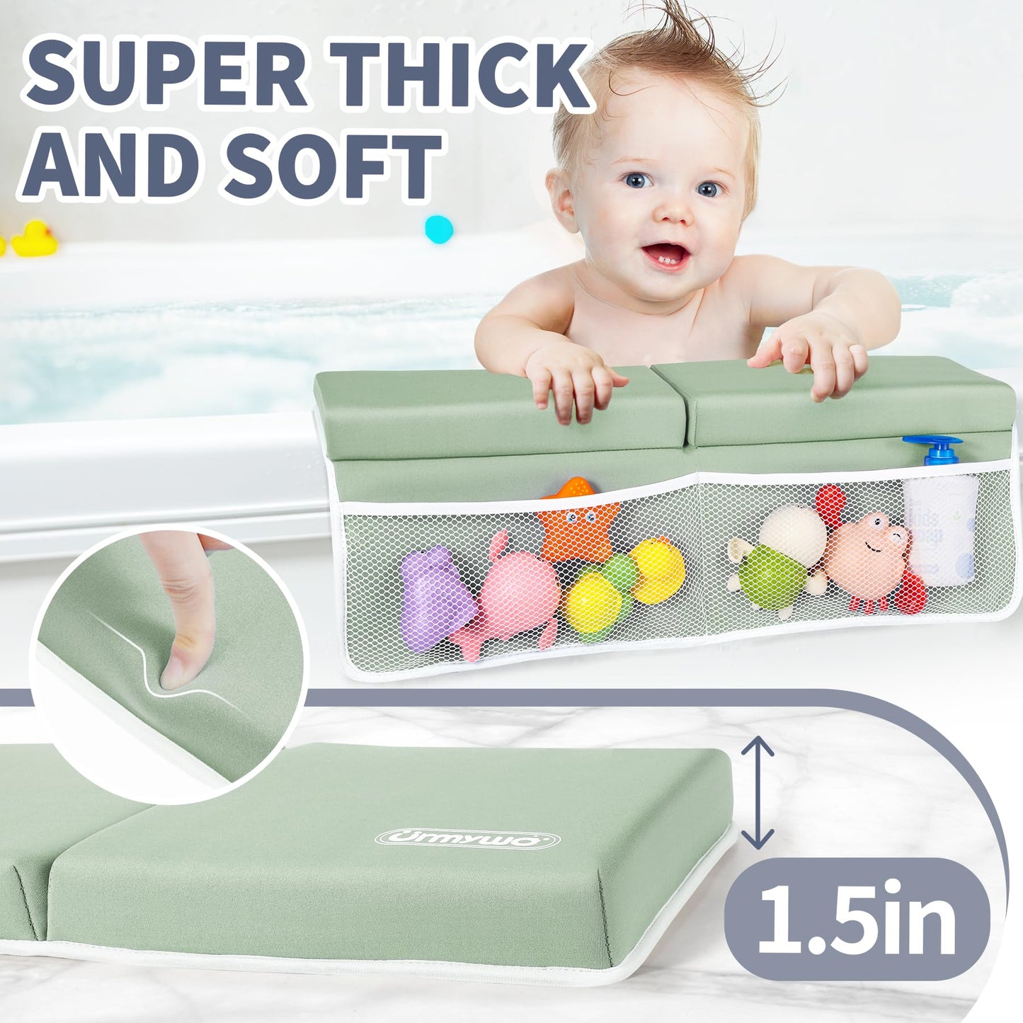 URMYWO Bath Kneeler and Elbow Rest Pad Set - 1.5" Thick Baby Bath Kneeler Pads with Toys Organizer, Anti-Slip Cozy Knee & Arm Support Bathtub Mat, Quick Dry Kneeling Pad for Baby Bath Time