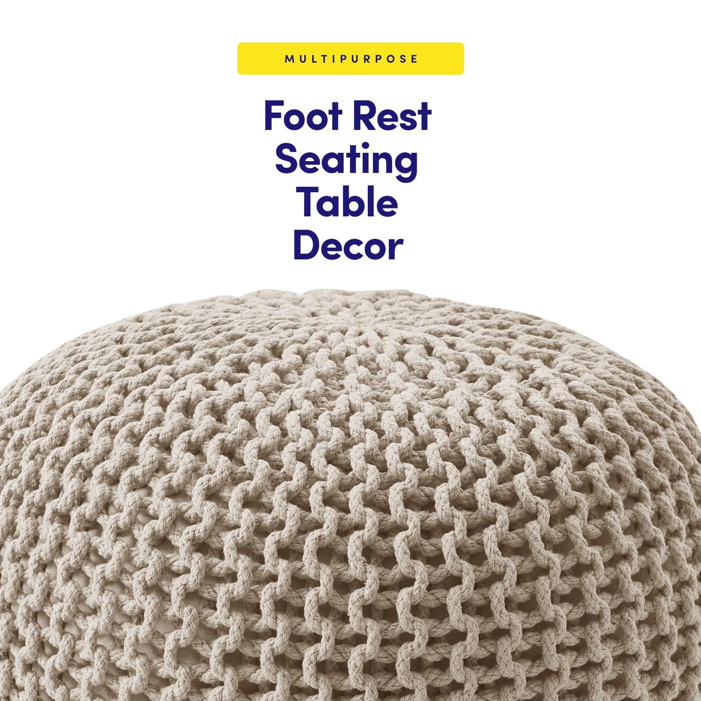 Pouf Ottoman Foot Rest Stuffed – 20” Diameter x 14” Tall Cozy Floor Pouf for Living Room, Bedroom, Nursery & More – 100% Cotton Knit Shell, EPS Bead Filled Footrest & Accent Chair, Beige