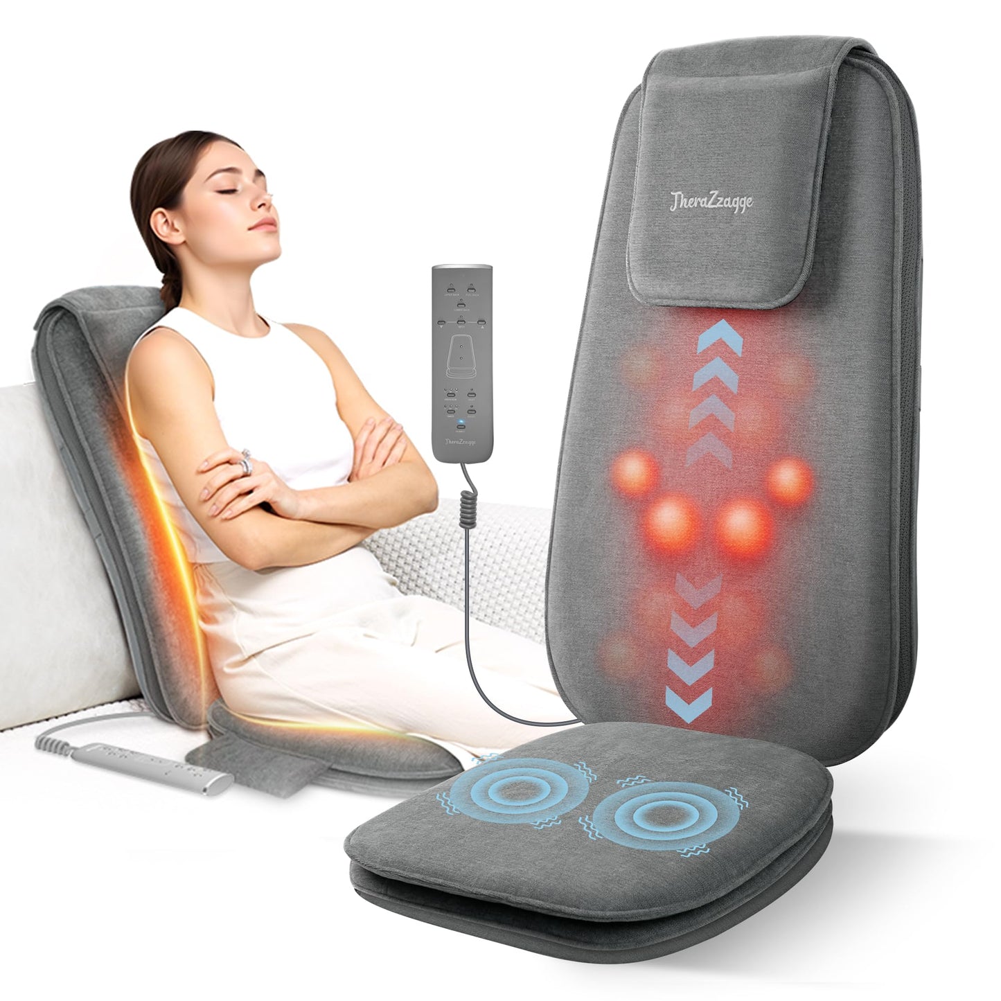 THERAZZAGGE Shiatsu Back Massager with Soothing Heat, Upgraded Deep Tissue Kneading Massage Chair Pad, Vibration Massage Seat Cushion, Relax at Home Office