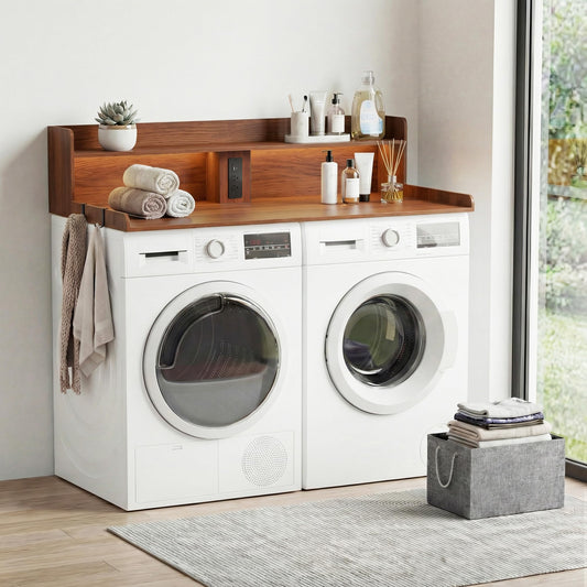 Seang 2-Tier Washer Dryer Countertop with Power Outlet & LED Lights,Large Laundry Countertop for Folding Clothes,Washer and Dryer Topper with Storage Basket,Metal Hooks,Non-Slip Pad (Walnut)