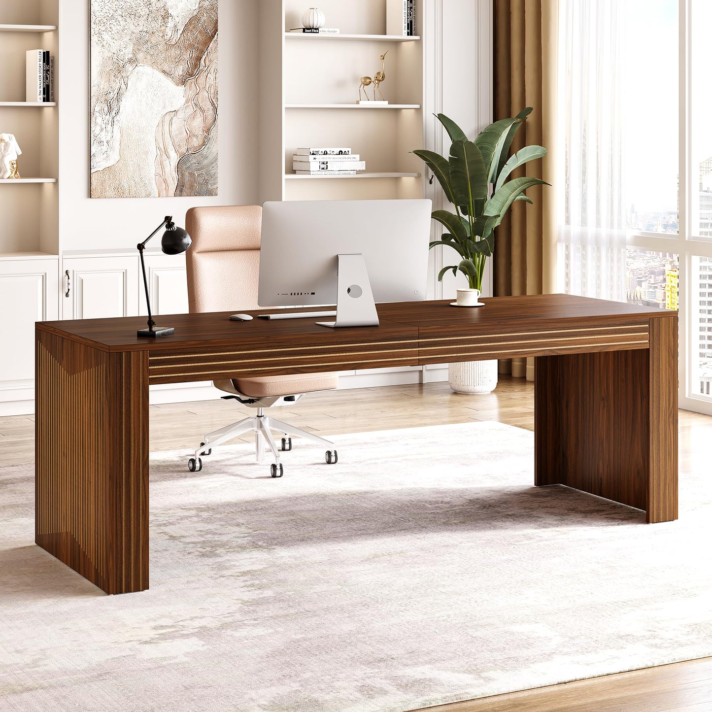 LITTLE TREE 78.7-Inch Two Person Desk, Double Monitor Office Desk for 2 Person, Large Executive Wood Desks Conference Table, Home Office Dark Brown