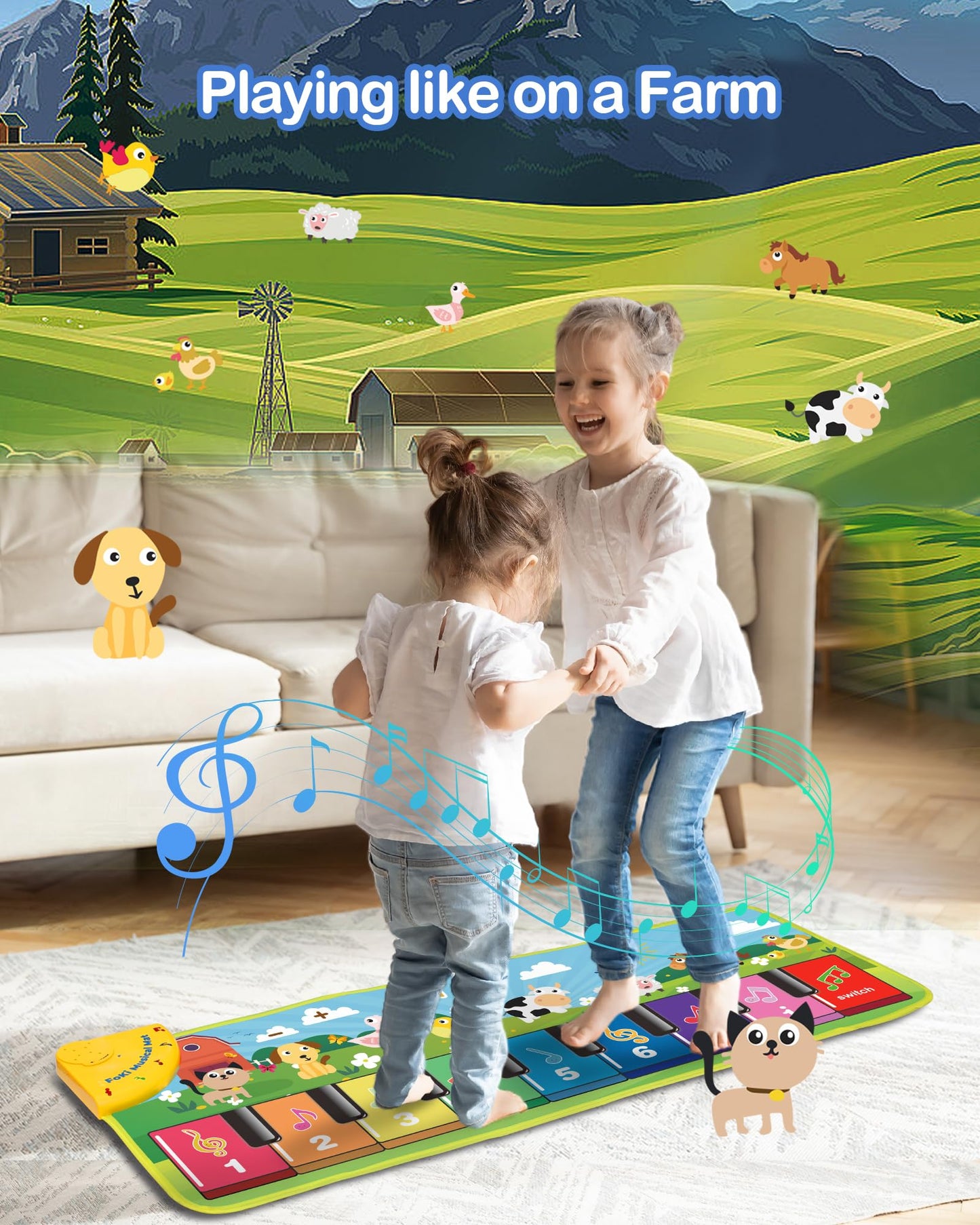 FOKI Floor Piano Mat for Toddlers, Sensory Educational Dancing Musical Keyboard Carpet Toy, Animal Sounds Touch Playmat Blanket, for 1 to 5 Years Old Boy and Girl