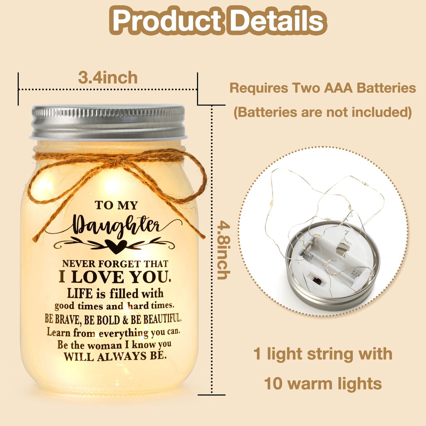 Daughter Gifts from Mom - to My Daughter Mason Jar Night Lights, Daughters Birthday Gifts from Mom and Dad, Wedding Gift Graduation Gift for Daughters