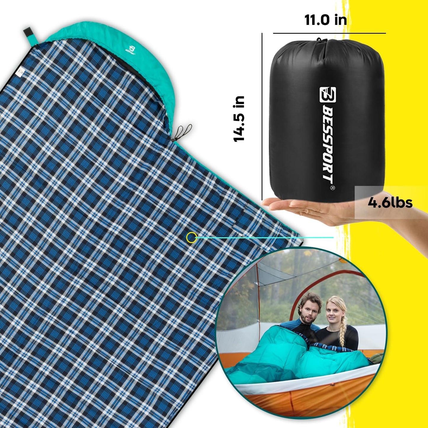 Bessport Sleeping Bag Winter | Flannel Lined 18℉ - 32℉ Extreme 3-4 Season Warm & Cool Weather Adult Sleeping Bags Large | Lightweight, Waterproof for Camping, Backpacking, Hiking