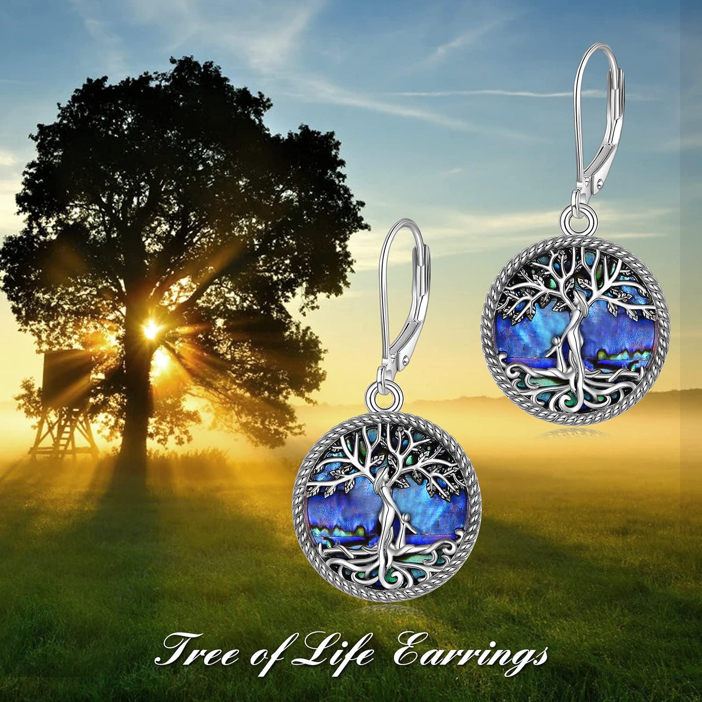 ONEFINITY Tree of Life Earrings 925 Sterling Silver Leverback Tree of Life Abalone Shell Dangle Drop Earrings for Women Jewelry Gifts