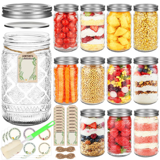32 oz Mason Jars with Airtight Lids and Bands, 12-Pack with Wide Mouth, Rustic Stickers & Tags, Quart Glass Canning Jars for Pickling, Food Storage, Fermentation,Overnight Oats
