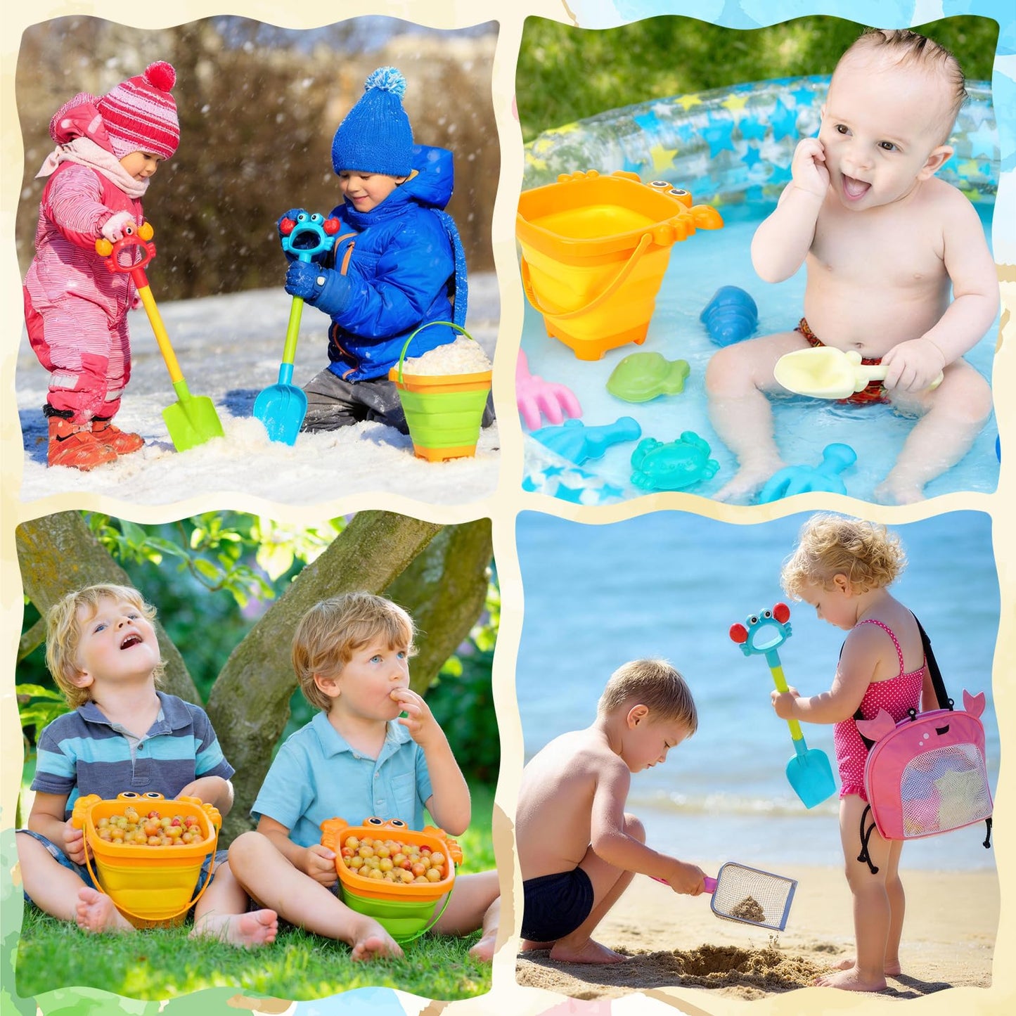 Guiqulai Summer Beach Toys Set for Kids Collapsible Sand Bucket Shovels Crab Molds Mesh Bag Outdoor Sandbox Water Play Toys for Boys Girls Travel Essential