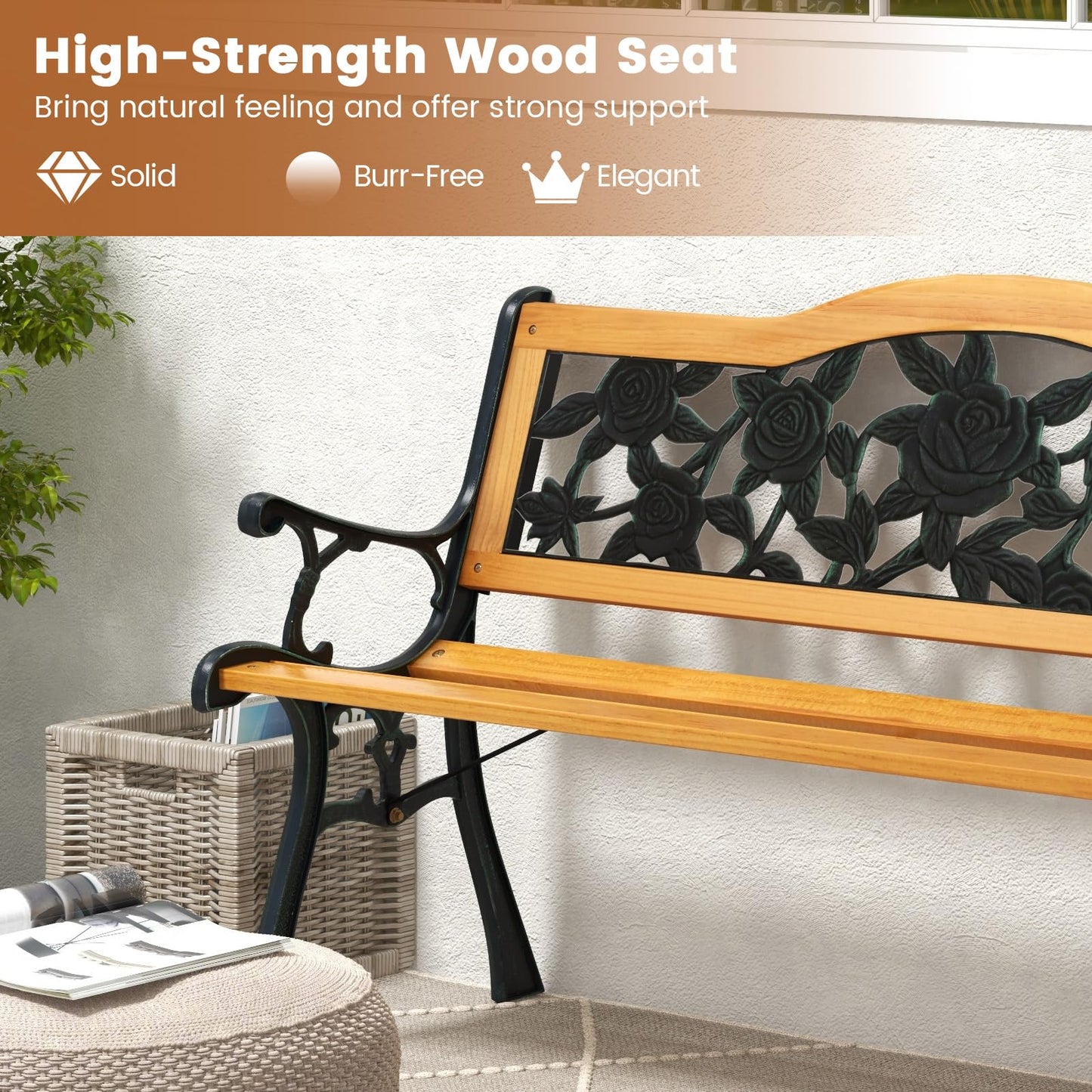 Tangkula Outdoor Garden Bench Park Bench, Patio Furniture Bench Chair with Cast Iron & Hardwood Structure, Weather Proof Porch Loveseat, Perfect for Backyard, Deck, Lawn, Poolside