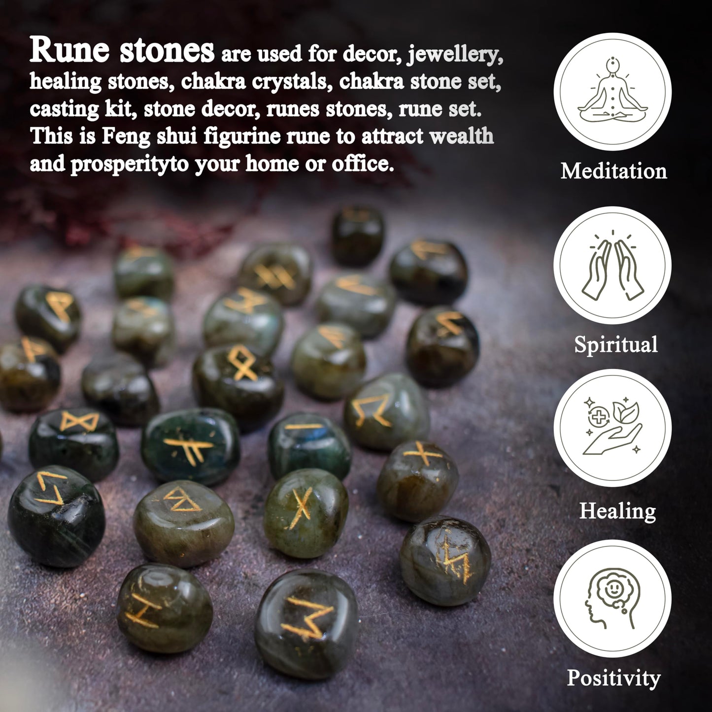 Crocon Labradorite Rune Stones Set Engraved with Elder futhark Crystal Runes Set, Reiki Healing runas for Meditation Chakra Balancing, Rune Stone for Beginners with Crystal Guide & Pouch (15-20 mm)