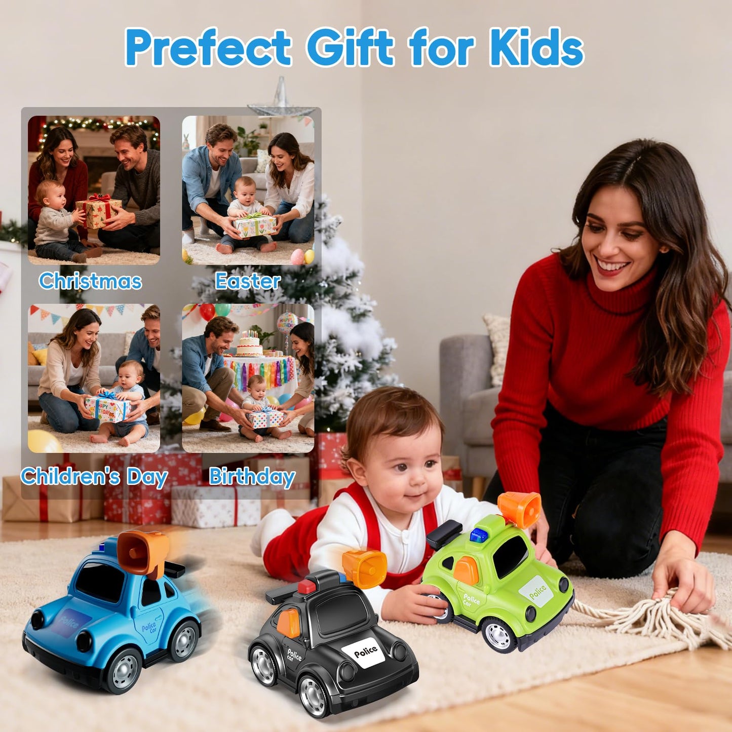 YEHOSHUN Cartoon Police Car Push and Go Inertia Toys for Toddlers 1-3, Friction Powered Race Vehicles for Toddlers 6-9-12-18 Month, 1st Birthday Gift for 1-2 Year Old Boys Girls