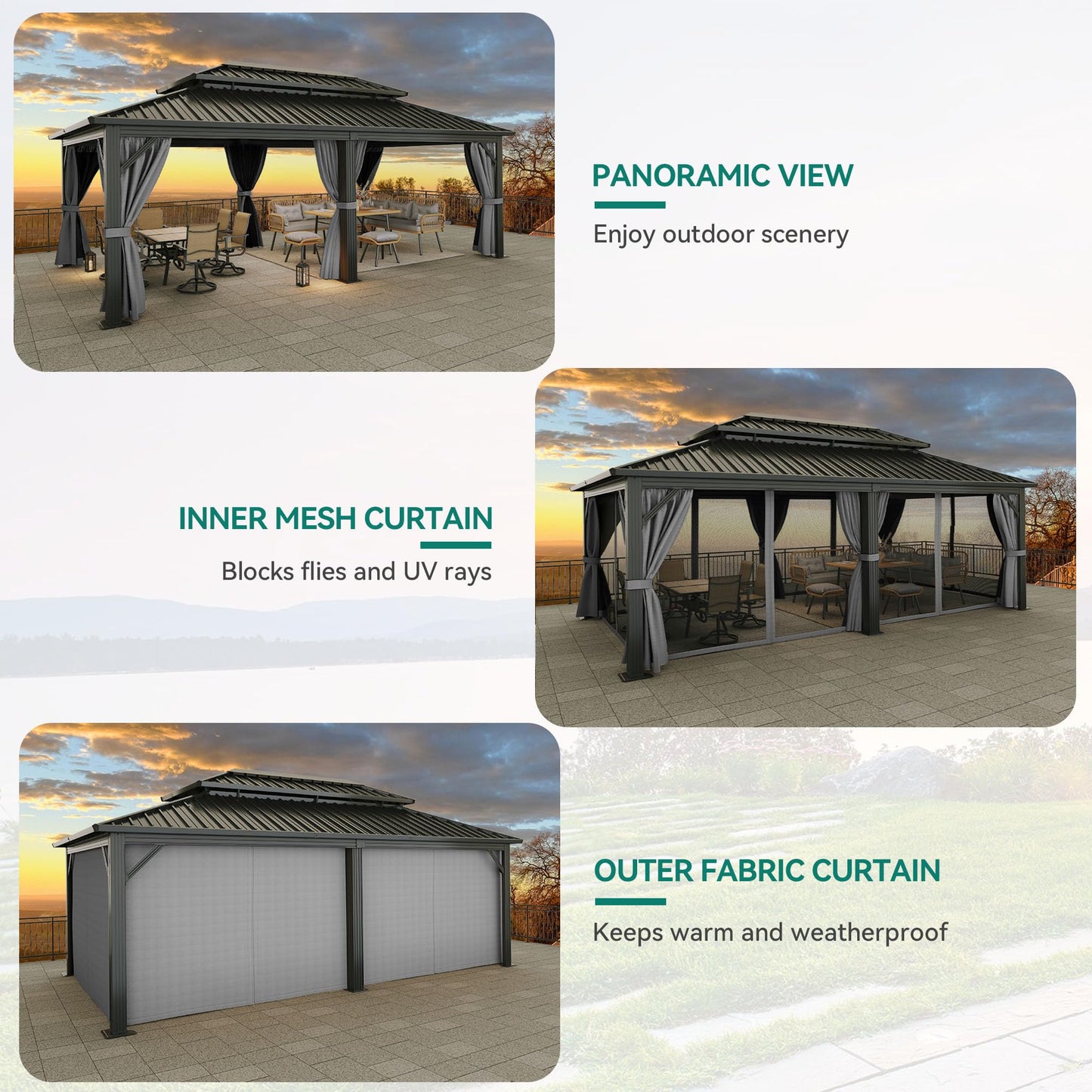 YITAHOME 12X20FT Hard Top Metal Gazebo Patios Double Roof Canopy Aluminum Frame Garden Gazebo Tent Curtains Netting for Patios Backyards Decks Lawns Gray