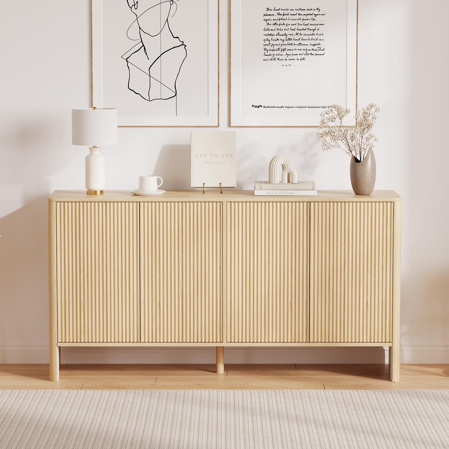 Garvee 58 in Fluted Sideboard Buffet Cabinet, Modern Accent Storage Cabinet with 4 Fluted Doors and Adjustable Shelves, Wood Credenzat Coffee Bar Console Table for Kitchen Dining Living Room- Natural