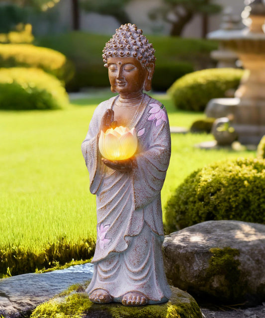 Nacome Solar Buddha Garden Statue Decor: Resin Zen Decor Waterproof Sitting Figurine with Lotus Flower Light Design for Outside Patio Lawn Yard Balcony - 11 inches(White)