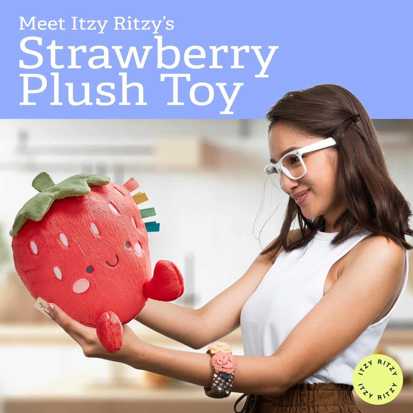 Itzy Ritzy Snuggles Plush Toy – Soft Stuffed Animal for Babies, Kids & Adults – Sensory Ribbons & Textured Fabrics for Tactile Play – Cozy & Cuddly Companion for Newborns & Up (Strawberry)