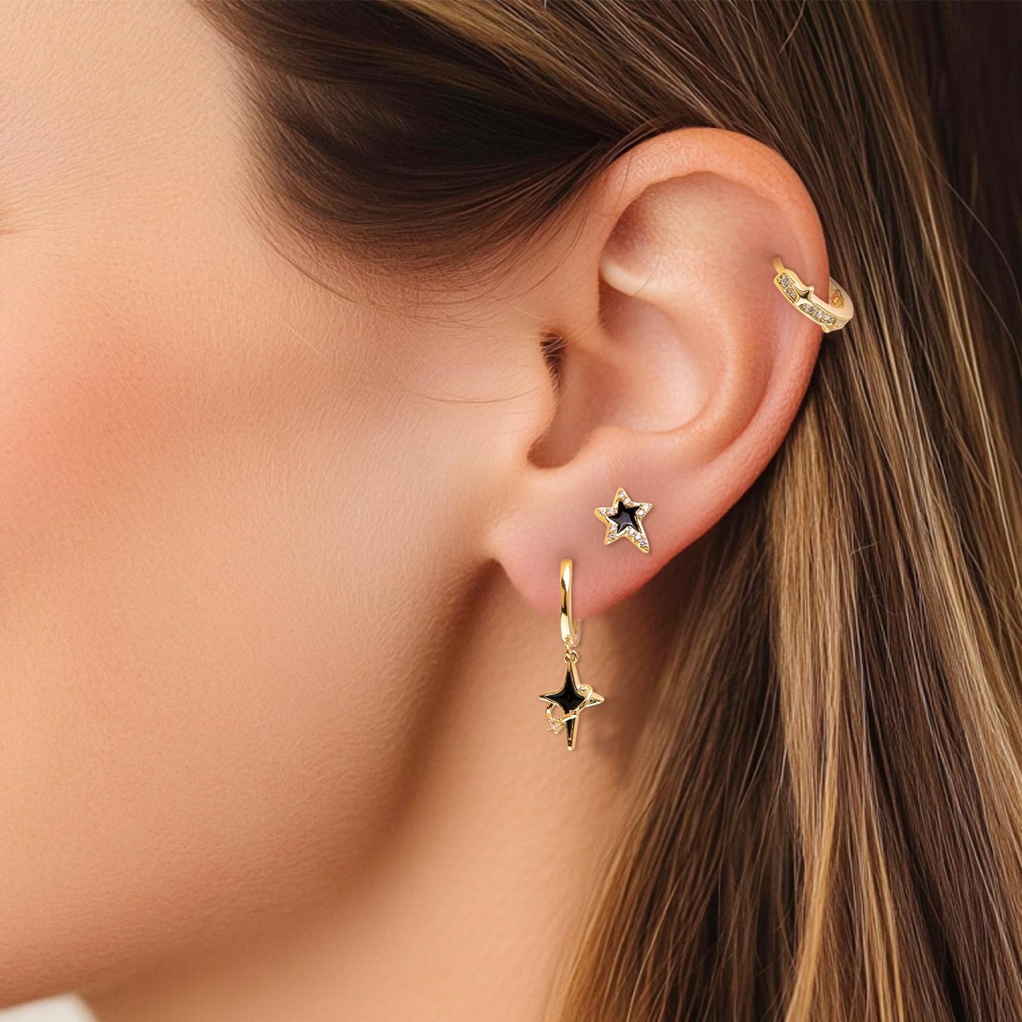 Frigotine 3PCS Gold Star Hoop Stud Earrings Stack Set for Women, Dainty Rhinestone Star Black Enamel Moon Planet Tassels Multiple Piercing Cartilage Prom Fashion Jewelry Gift