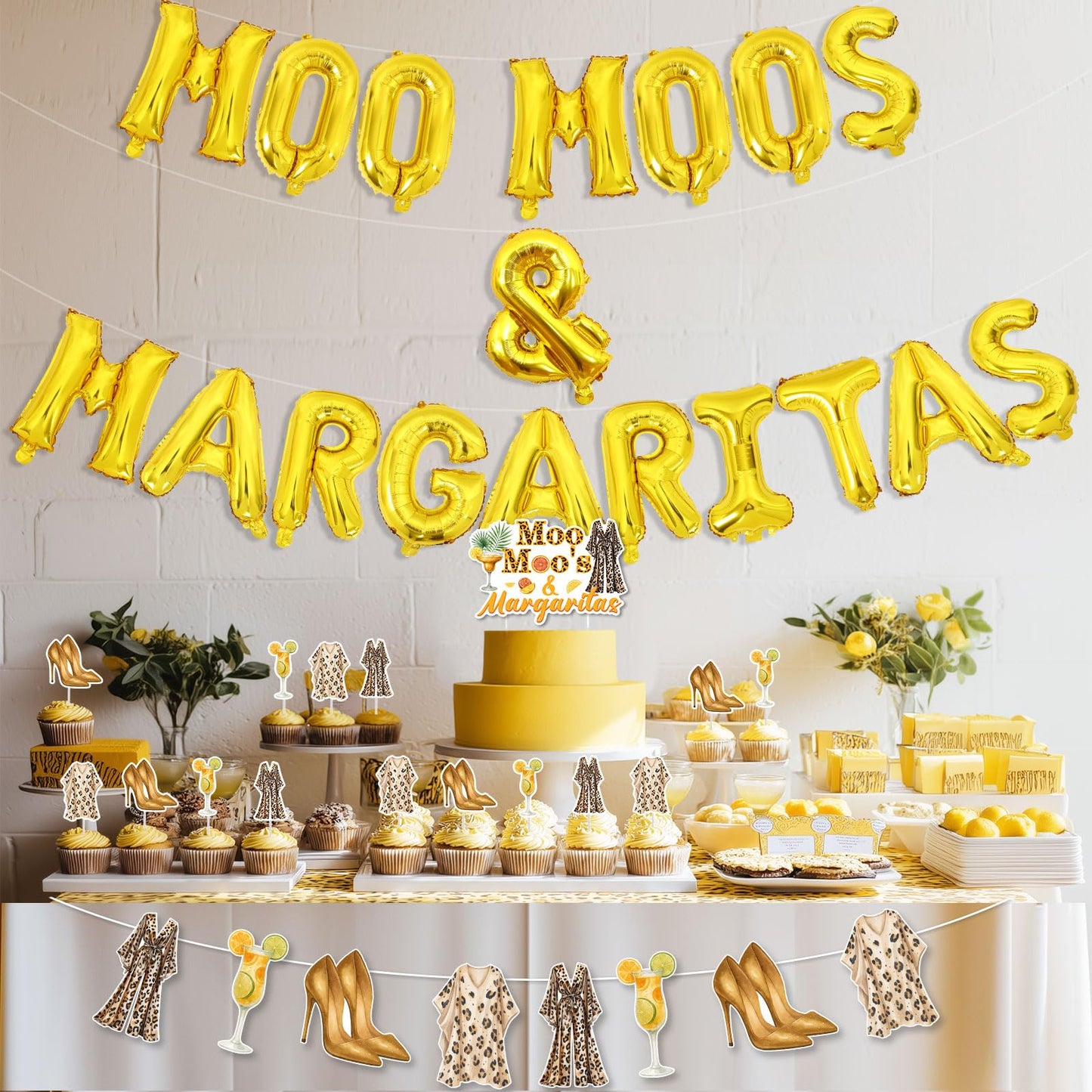Moo Moos and Margaritas Decorations Gold Moo Moos & Margaritas Foil Balloon Banner Margarita Theme Cake and Cupcake Toppers Kit for Bachelorette Party Ladies Night Bridal Shower Birthday