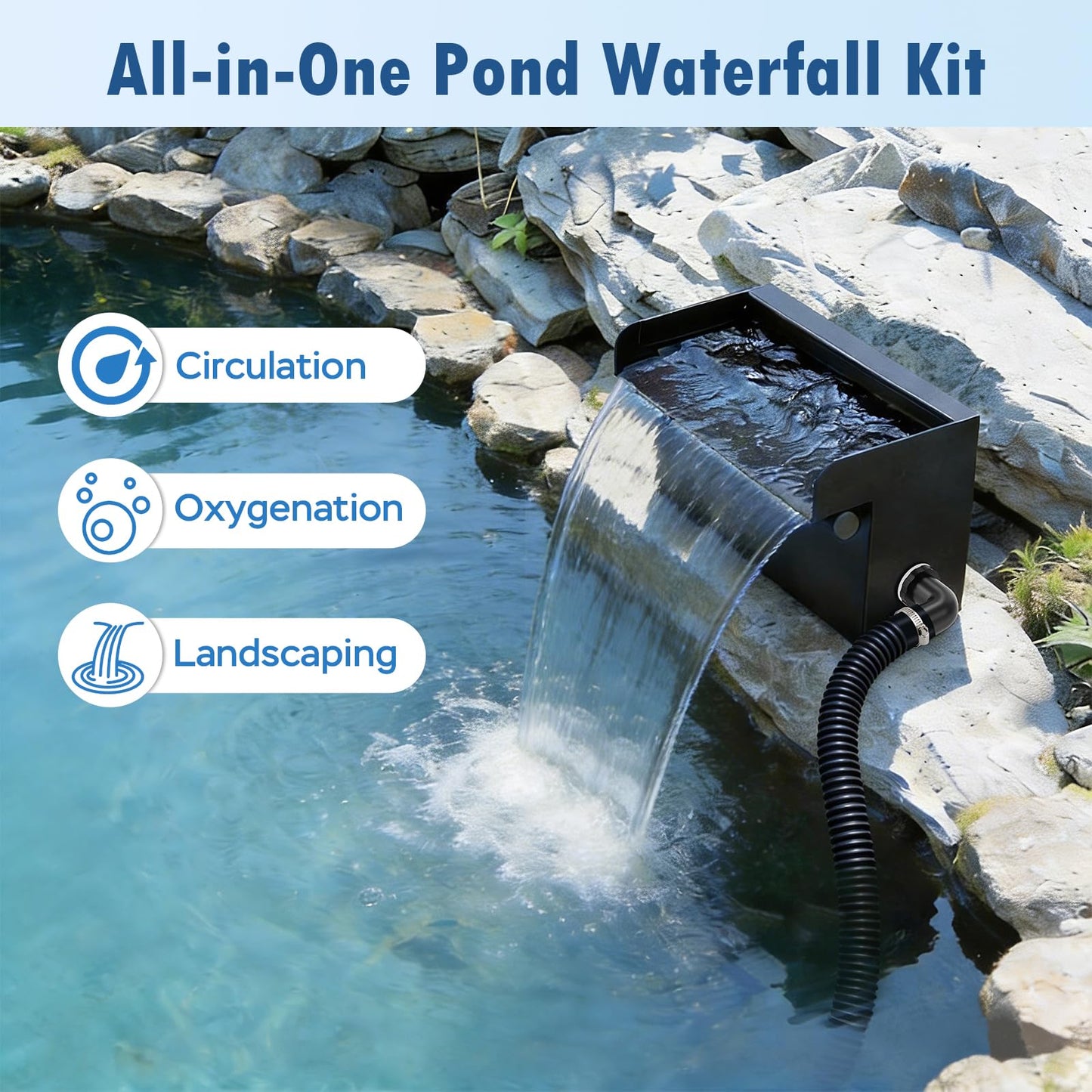 Devopet Pond Waterfall Spillway Kit, 12" Stainless Steel Spillway with Remote Control LED Lights, 660GPH Submersible Water Pump, Outdoor Waterfall Fountain for Water Feature, Garden, Backyard, Pool