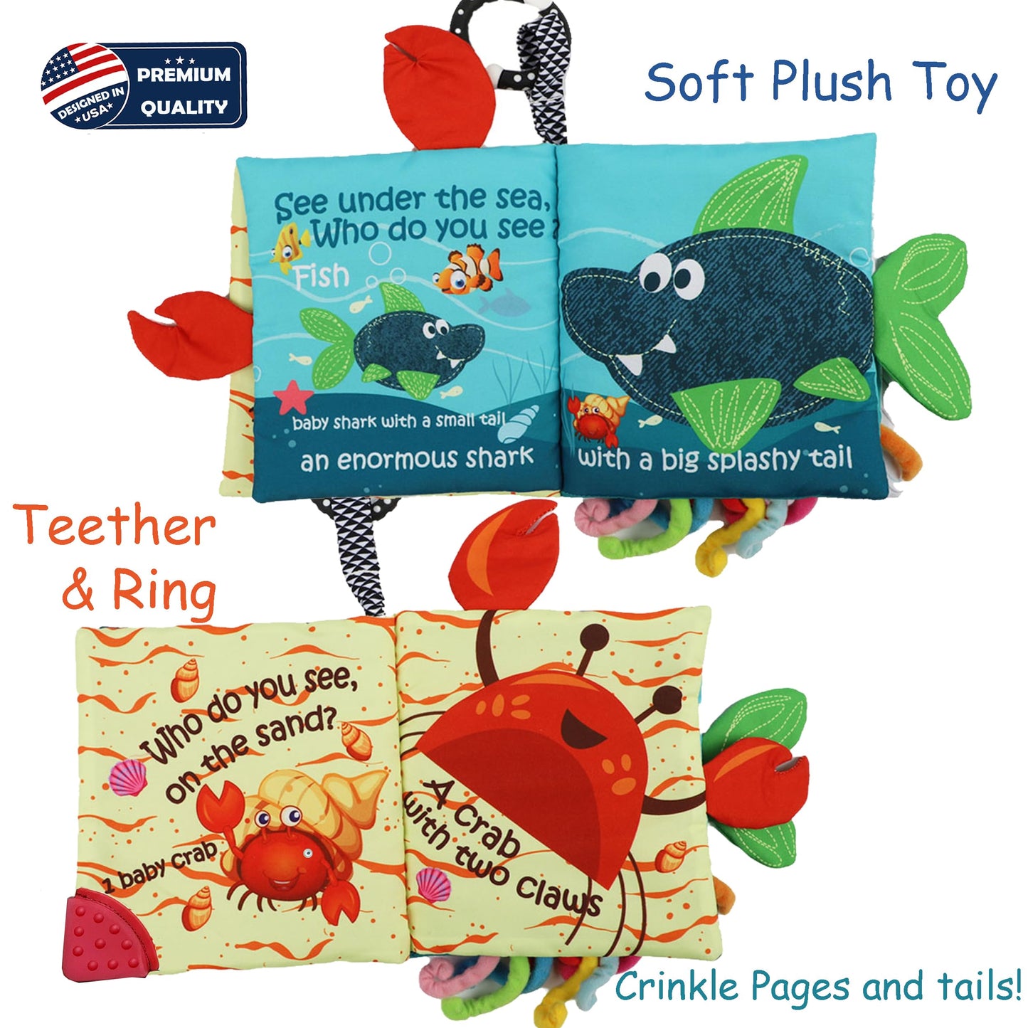 bebe mondo Teddy Bear Toy & Fish Baby Crinkle Books for Newborn Babies Infants 0-6, 6-12 & 12-18 Months, 1-2 Year Old