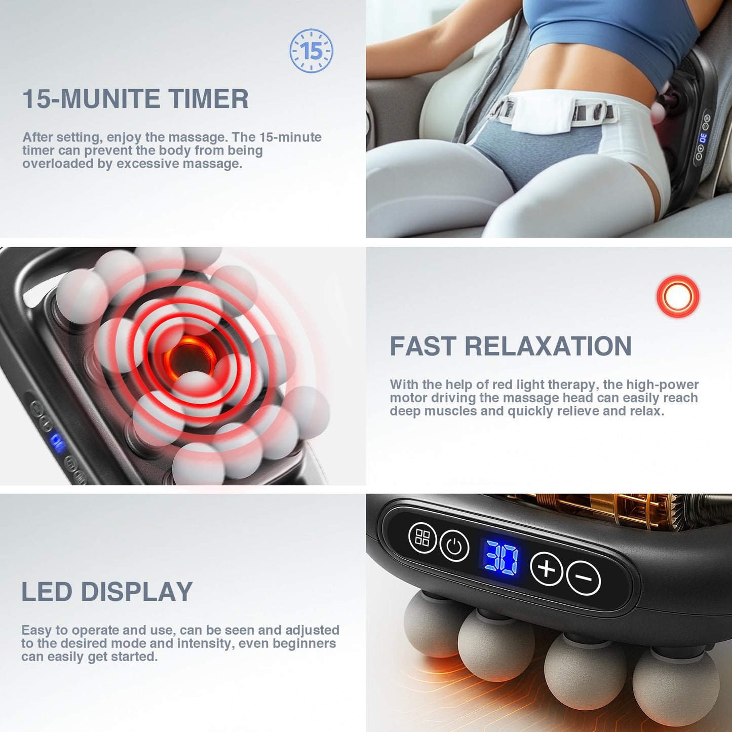 HIADGUNNR 16 Head Massage Gun Set, Deep Tissue Massage Gun Portable with 3 Modes & 30 Intensities, Red Light Therapy, Quiet Percussion Massager for Legs, Waist, Buttocks Muscles Pain Relief