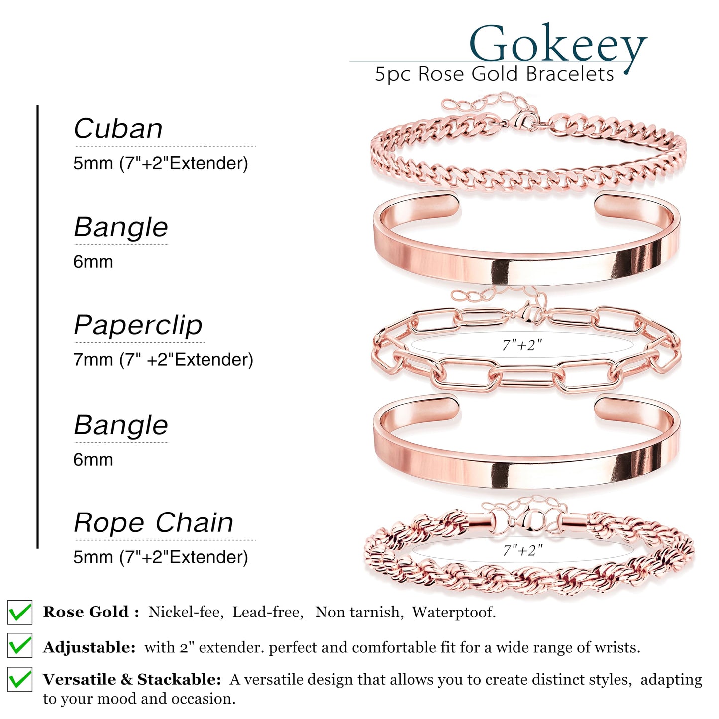 Gokeey Chunky Rose Gold Bracelets for Womenc Trendy, Rose Gold Cuff Bracelet Non Tarnish Rope Cable Paperclip Cuban Link Chain Bangle Bracelet Set Jewelry
