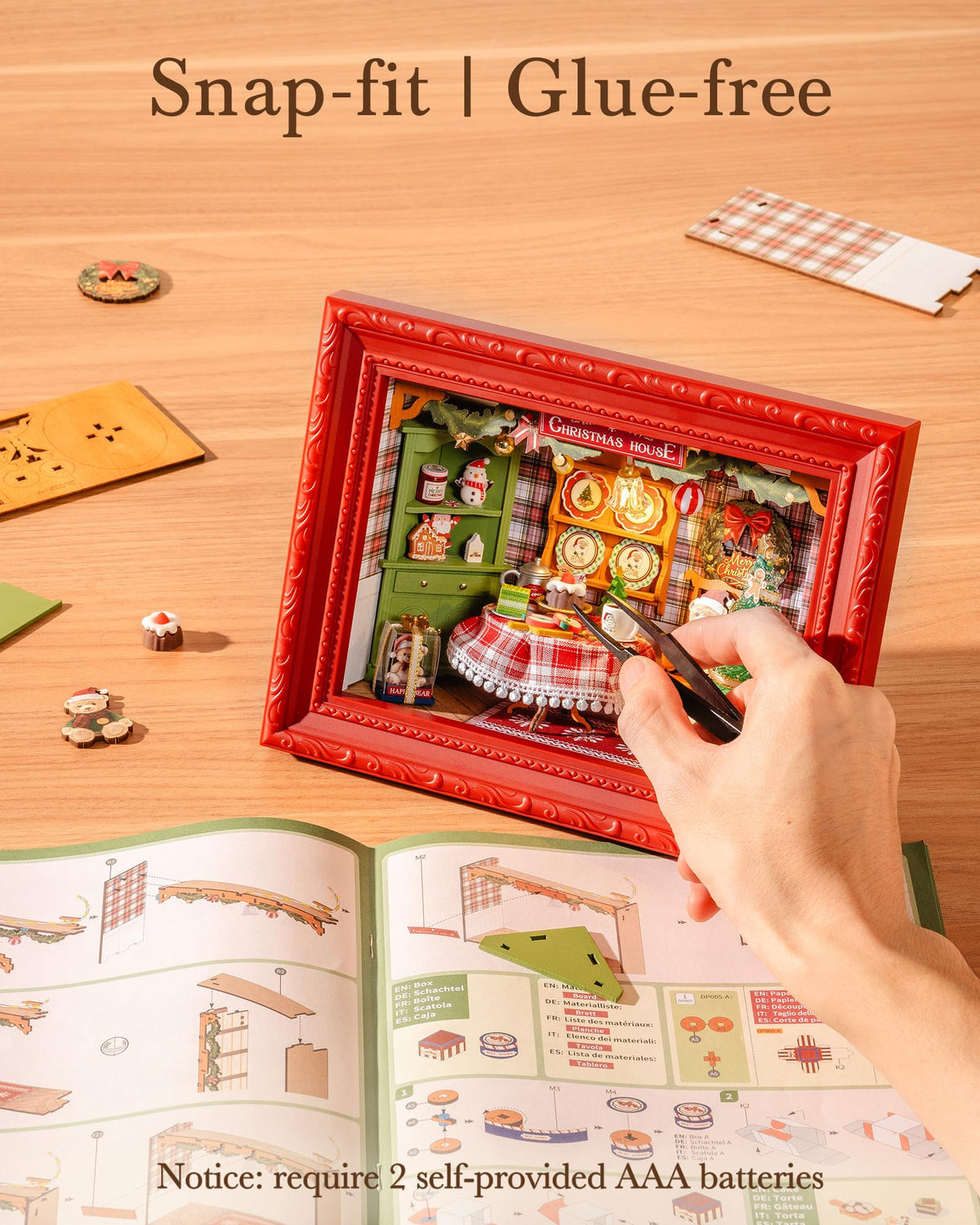 ROBOTIME Christmas Eve Party Photo Frame DIY Miniature House Kit, 3D Wooden Puzzle Building Kit for Adults, Tiny Dollhouse Model, Creative Holiday Decor & Gift for Family and Friends