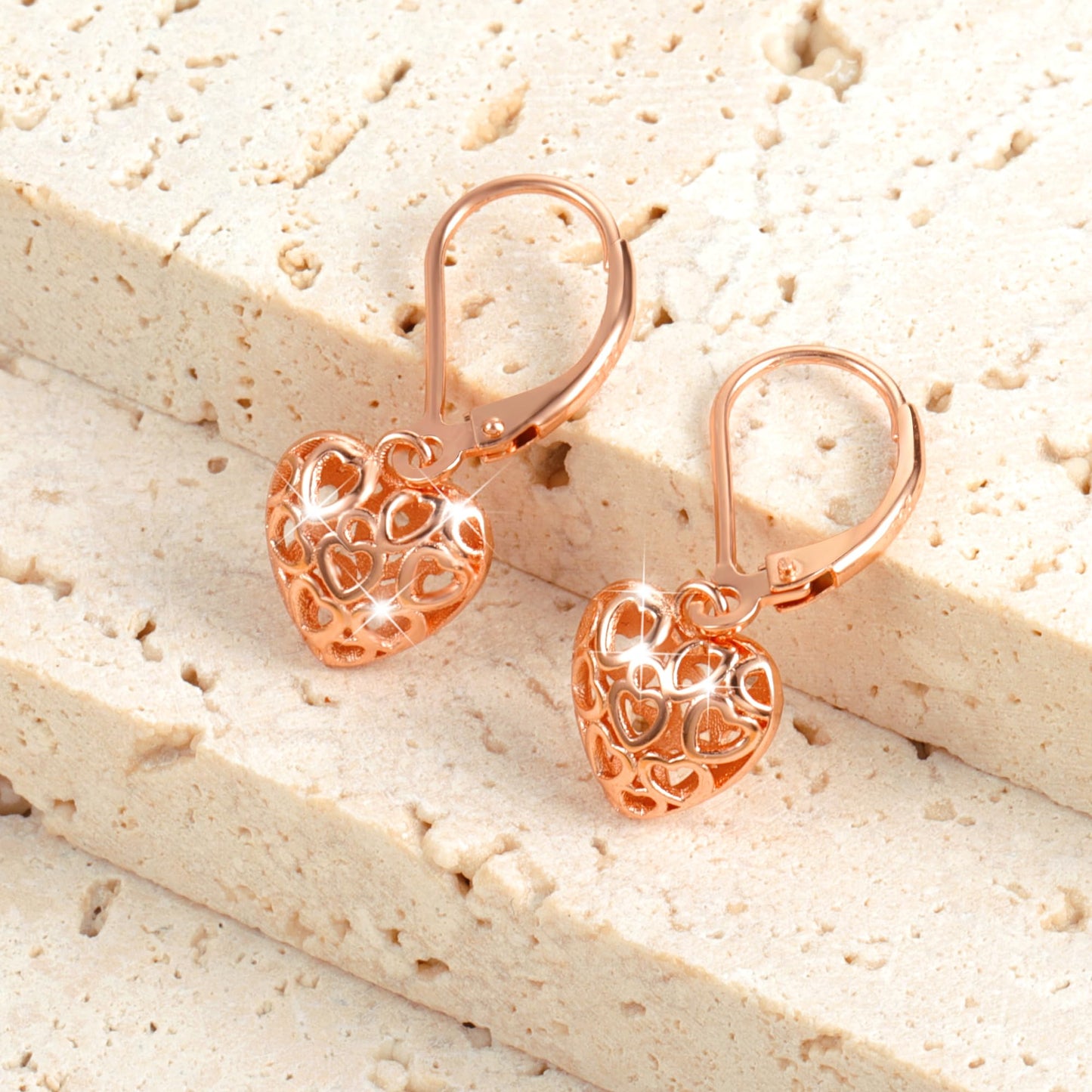 LANCHARMED 925 Sterling Silver Heart Dangle Drop Earrings for Women, Rose Gold Trendy French Style Silver Leverback Earrings Hypoallergenic Jewelry