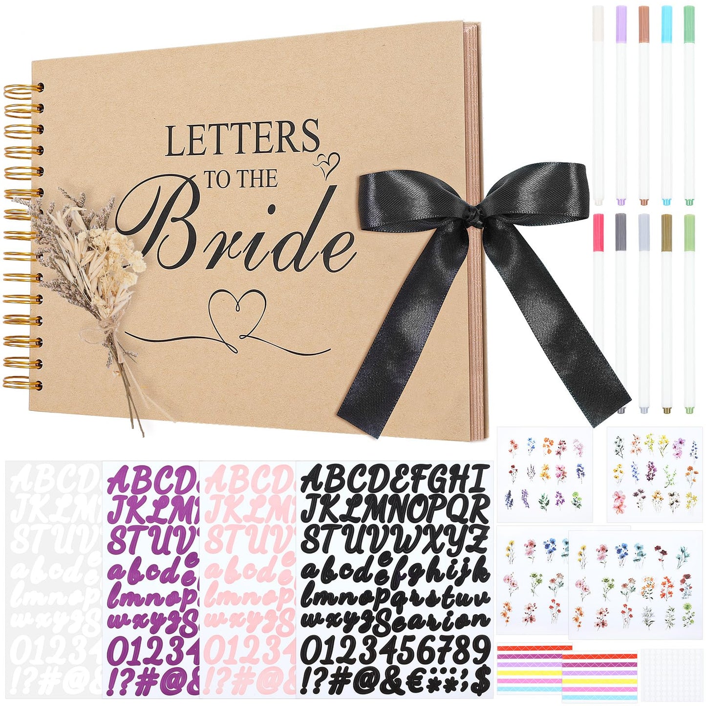 12.6 x 8.3 Inch Letters to The Bride Scrapbook Wedding Memory Book Photo Album Kit with Pens Tapes Flower and Stickers 40 Pages Bridal DIY Blank Paper Scrapbook Hardcover for Lover Friend Kid Wedding