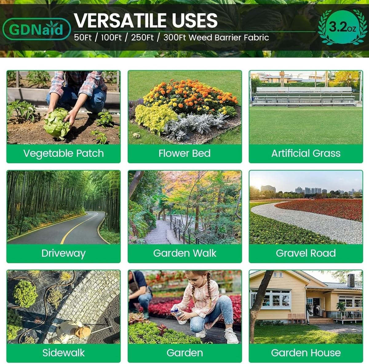 GDNaid 3ftx180ft Weed Barrier Landscape Fabric Heavy Duty, 3.2oz Weed Barrier Garden Fabric, Easy Setup Woven Landscaping Fabric