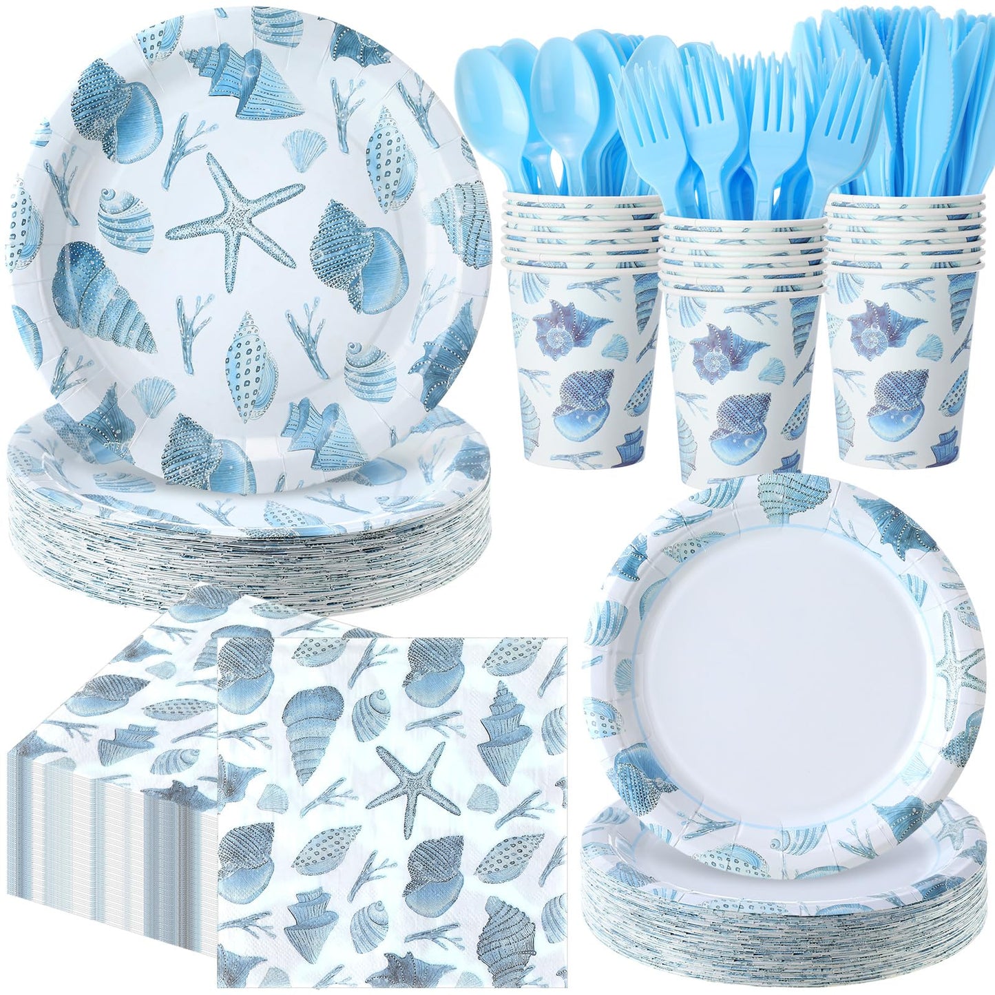 Pickmesh 400 Pcs Under The Sea Party Decoration Set, Ocean Seashell Paper Plates and Napkins, Shell Cups and Cutlery Supplies Ocean Themed Birthday Party Tableware, Serve for 50 Guests