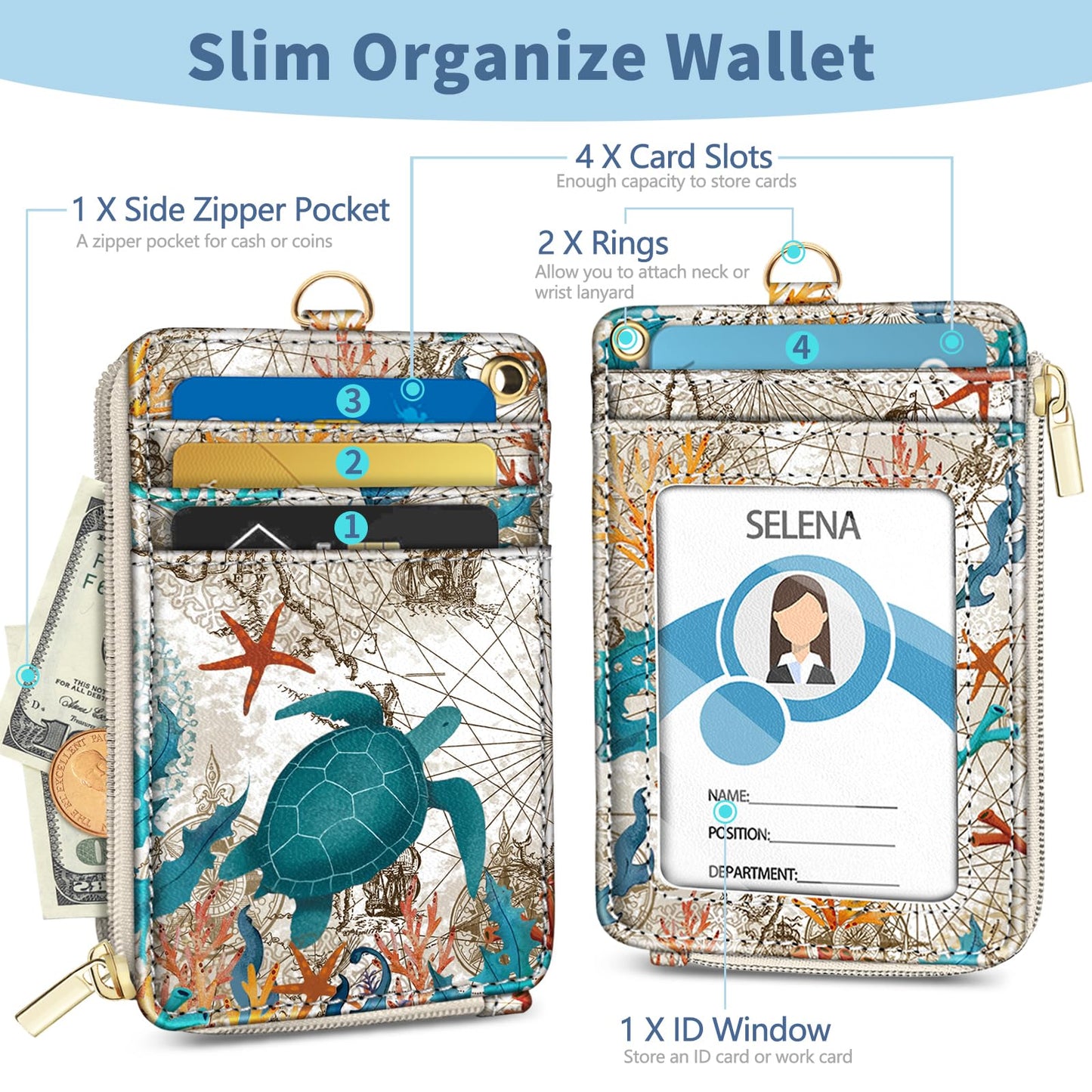 Mavellin Lanyard Wallet with Id Badge Holder, Sea Turtle RFID Small Keychain Wallet Women Wristlet, Cute Zipper Credit Card Holder Phone Wrist Neck Strap for Key Name Tag, Teacher Student Office Gifts