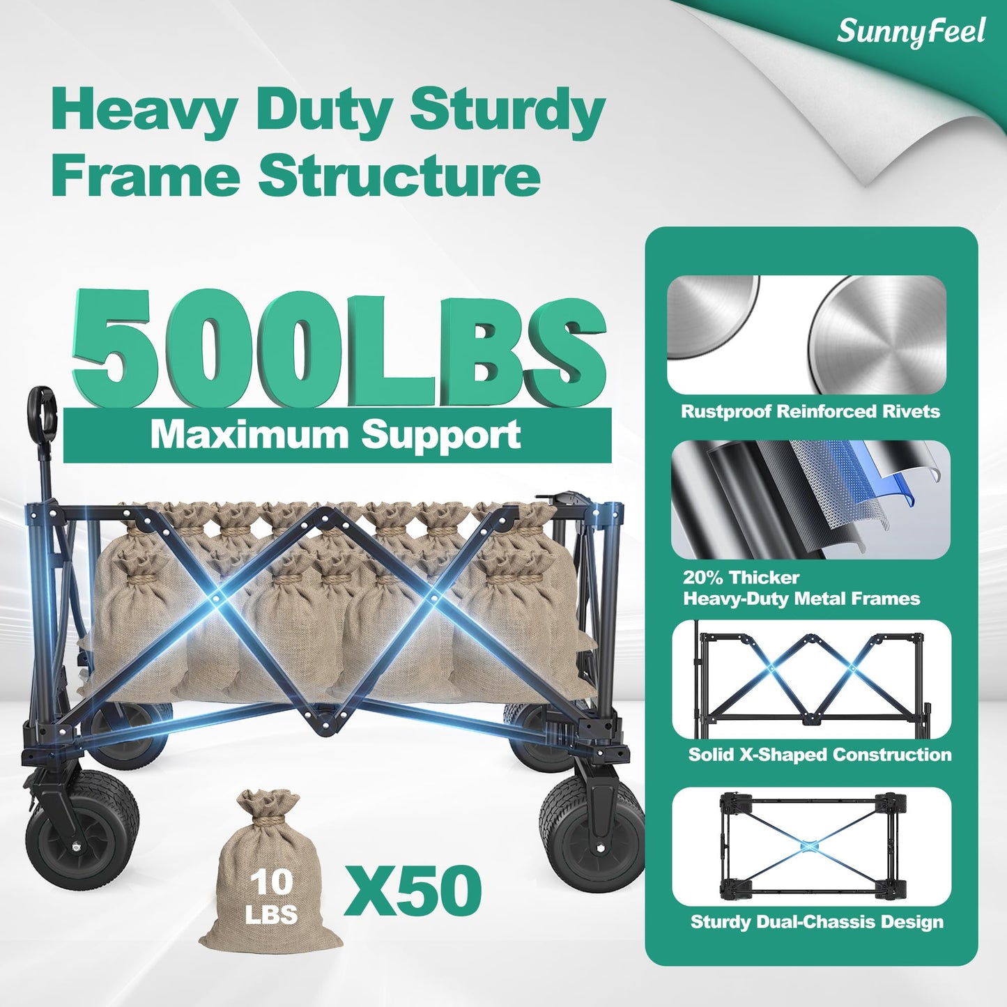 SUNNYFEEL Extra Large Folding Wagon 300L - 500LBS Heavy Duty Beach Wagon Cart with Big All-Terrain Wheels, Stable Frame, Adjustable Handle for Camping, Groceries, Shopping (Black, Tall Version)