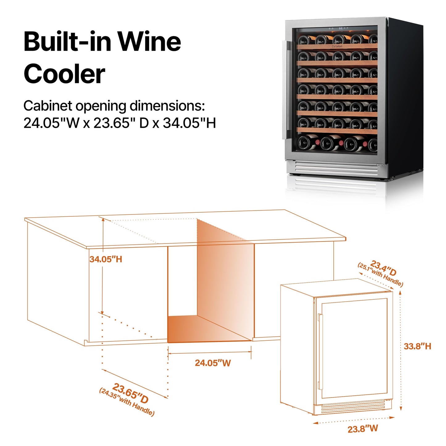Ca'Lefort 24 Inch Wine Cooler Refrigerator, 61 Bottles Wine Coolers with Glass Door, 3 LED Built-in Compressor Fridge with Adjustable Shelves for Home Office Bar (5.65 cu.ft)