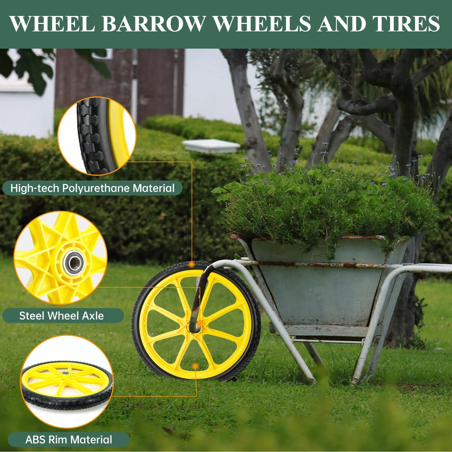 20” Flat Free Wheelbarrow Tires, 5/8” Extra 3/4”Bearing, with 2.45” Centered Hub, Replacement for Rubbermaid Wheelbarrow wheels, Garden Yard Cart, Big Wheel Utility Carts (Yellow, 2 pick)