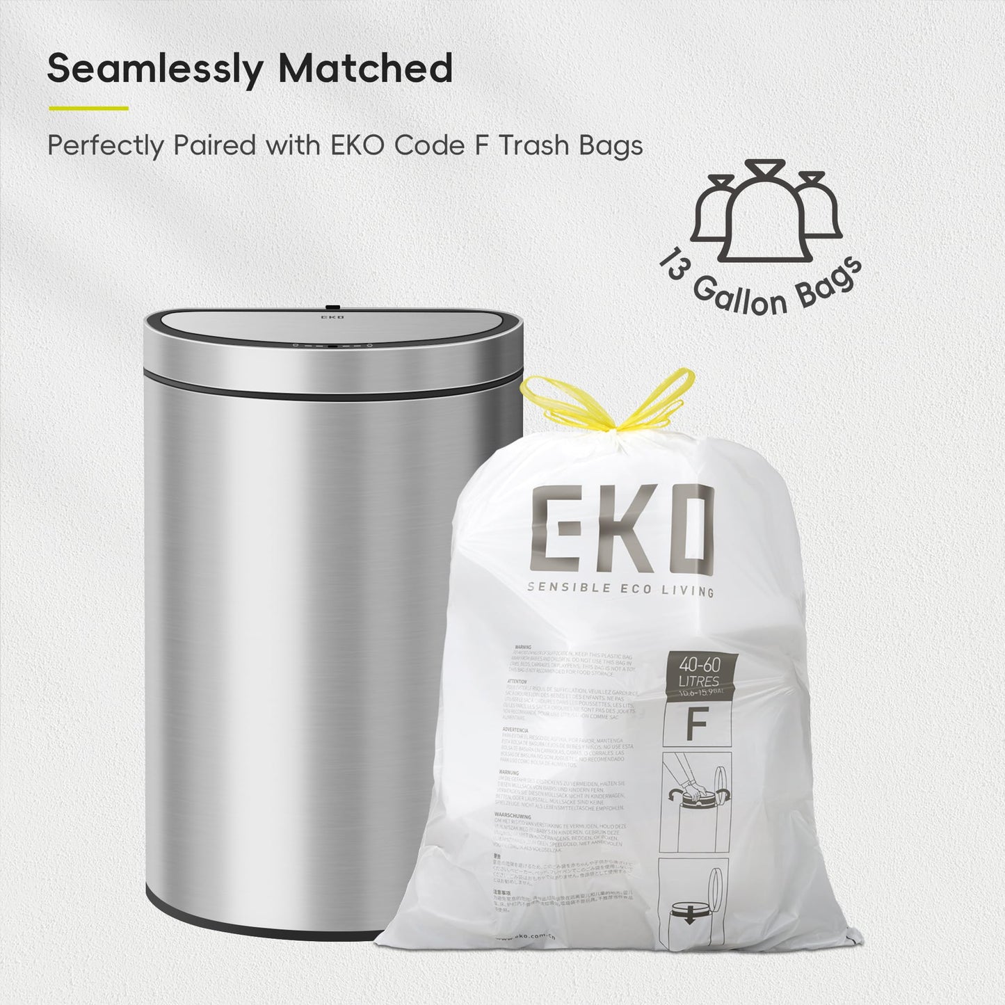 EKO Mirage Semi-Round Motion Sensor Trash Can, 47 Liter / 12.4 Gallon Automatic Large Kitchen Trash Can with Deodorizer Compartment, Removable Lid and Bucket, Matte Stainless Steel