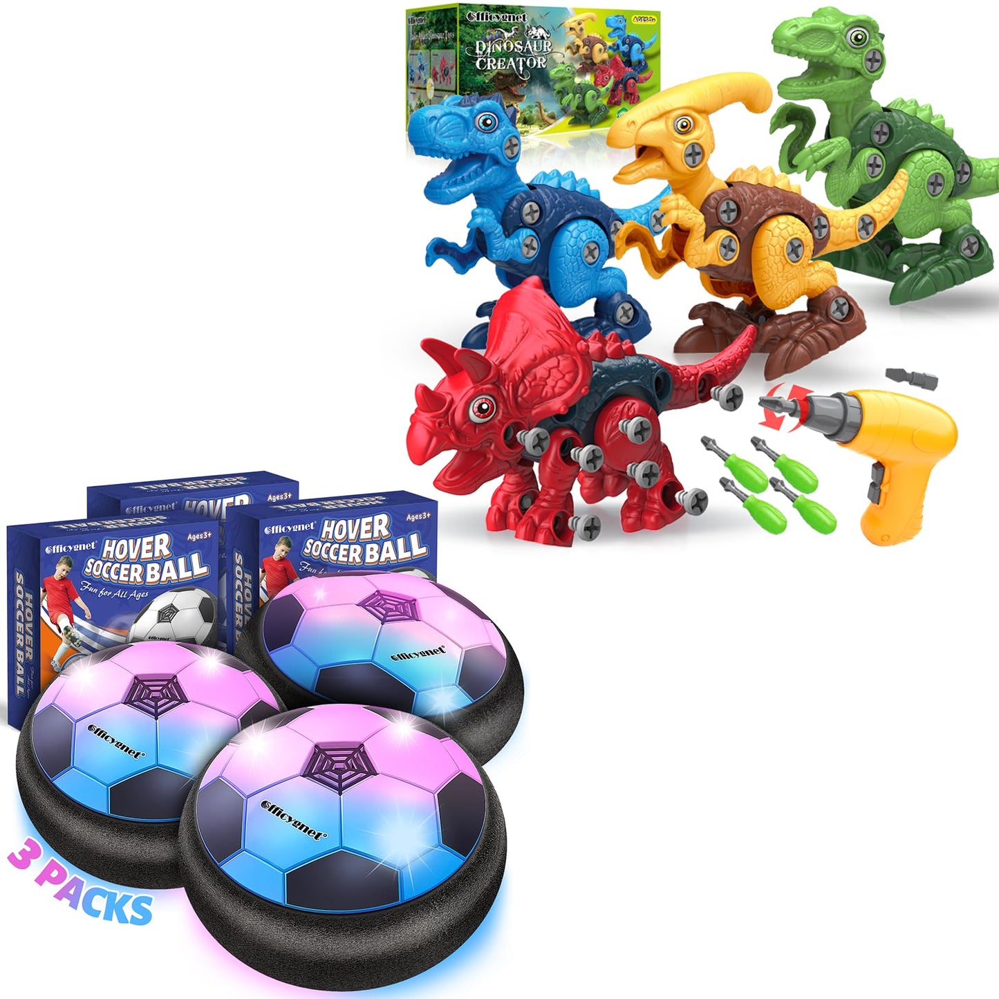 Officygnet 3 Pack Hover Soccer Ball and 4 Pack Take Apart Dinosaur Toys with Electric Drill for Kids, Indoor Boy Toys Age 6-8, 3-5, 5-7, Ideal Christmas Birthday Gift for Boys