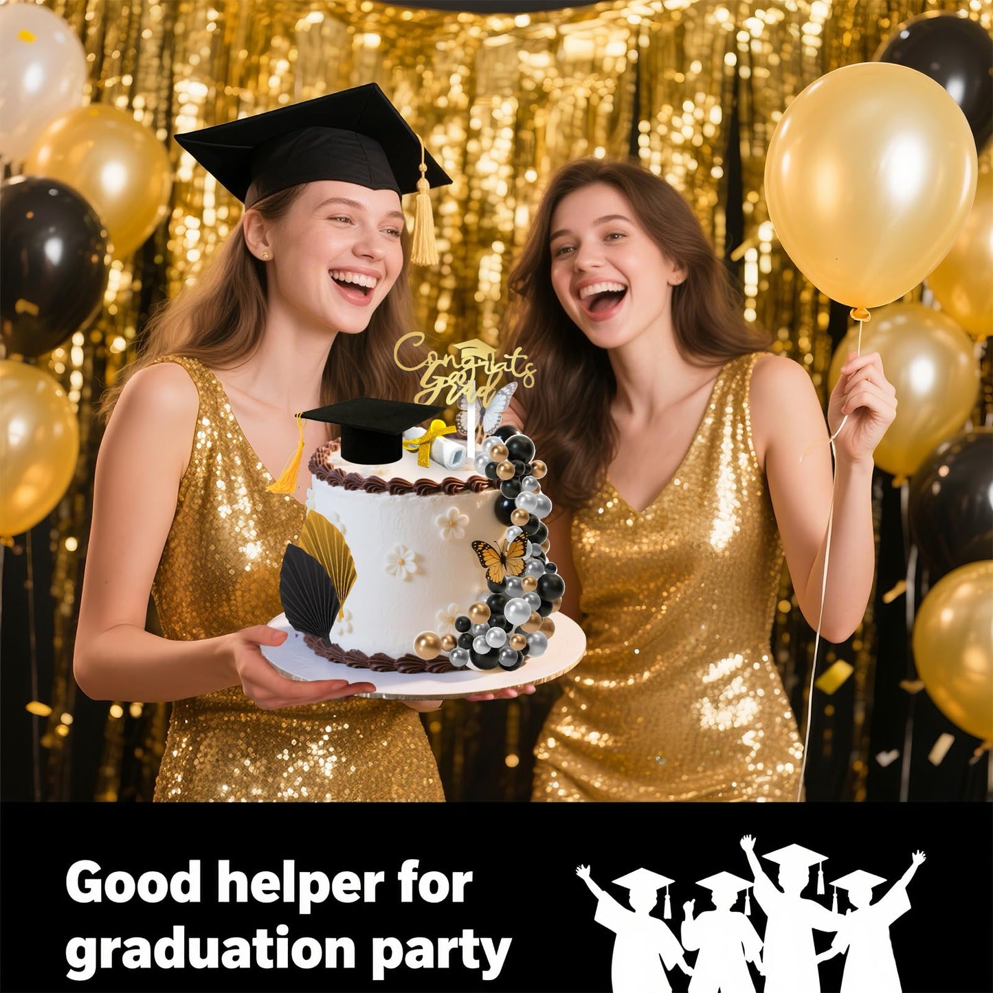 Graduation Cap Cake Topper Decorations Kit Included Cap Diploma Gold Congrats Grad Cake Topper Balls and Paper Palm Leaves Cake Decorations for Graduation Party Cake Decoration (Black)
