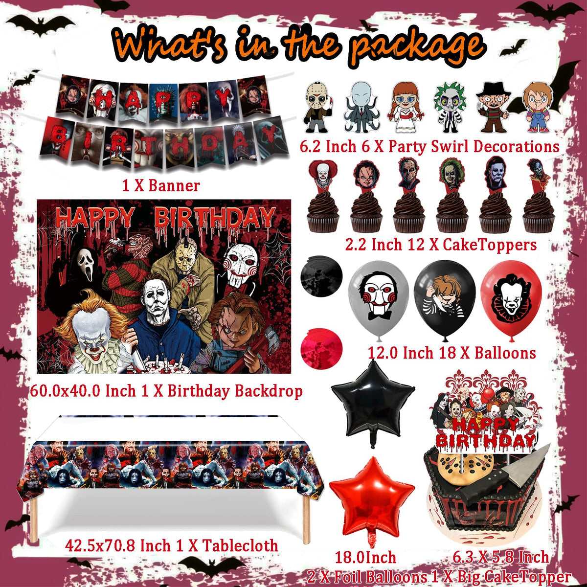 Taeku Horror Birthday Party Decorations – 50 Pcs Halloween Theme Kit with Banner, Balloons, Cake Toppers, Backdrop & Tablecloth – Scary Party Supplies for Kids & Adults