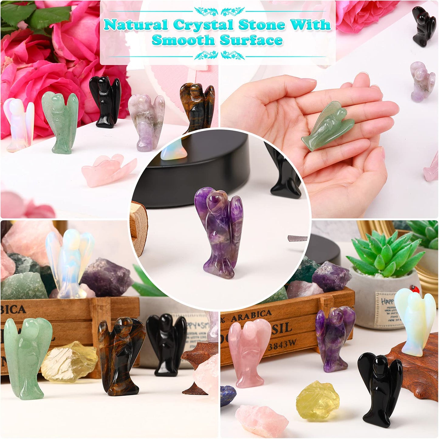 Hicarer 6 Pcs Small Crystal Angel Figurines Mini Guardian Statue Natural Gemstone Carved Pocket Crystal Figurines Stones Decor Gift 1.5 Inch Love Peace Healing(Bright Color)