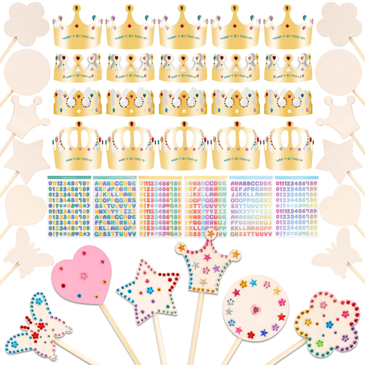 Pllieay Princess Fairy Wands Kit Include 18 Pieces 6 Styles Unfinished Wooden Princess Wand,Gold Paper Crowns, Gem Stickers, Letter and Number Stickers, Princess Art Magical Show for Party Supplies
