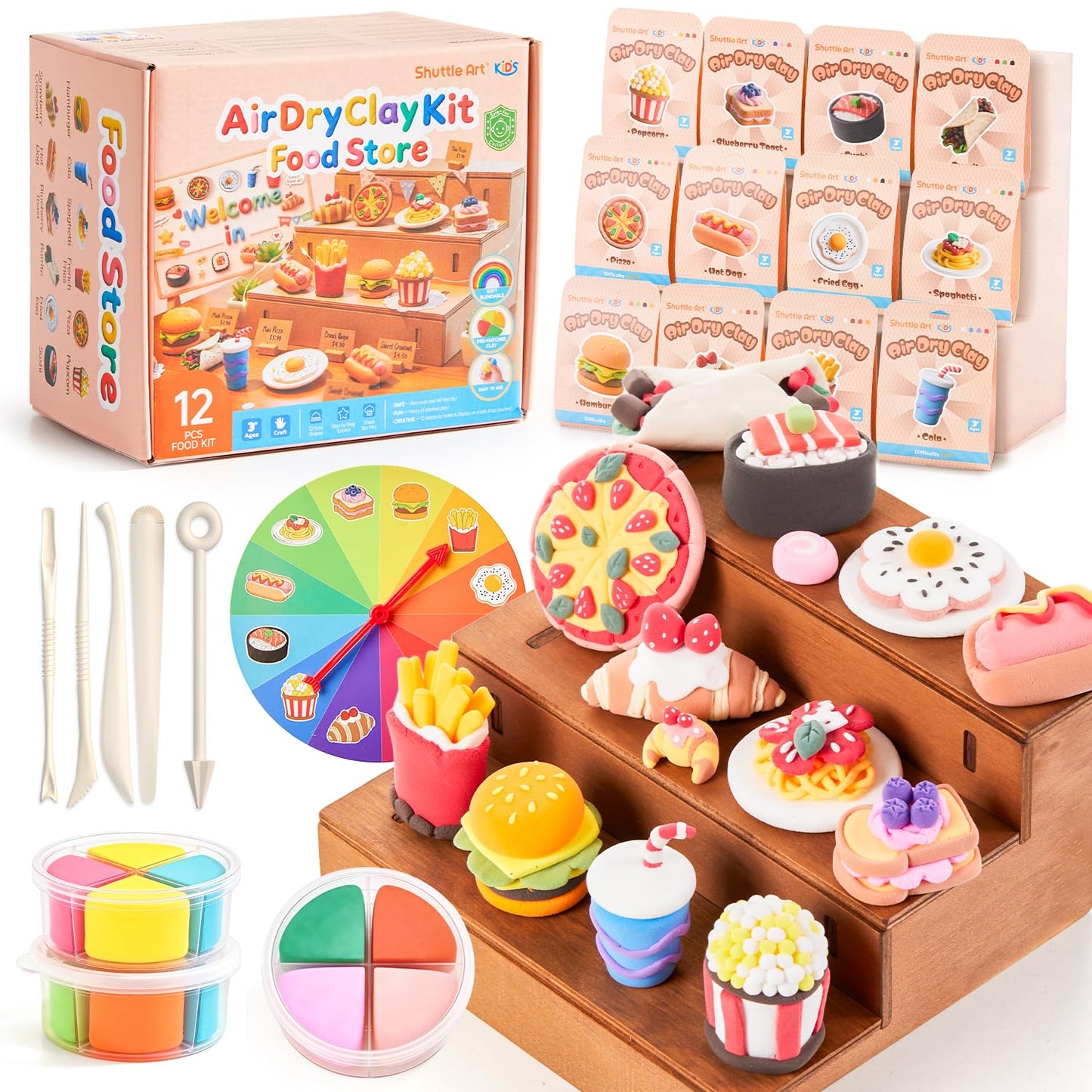 Shuttle Art Air Dry Clay for Kids - Food Store, 21 PCS Modeling Clay Kit with Sculpting Tools and Tutorials, Safe & Non-Sticky, Craft Gifts for Boys & Girls