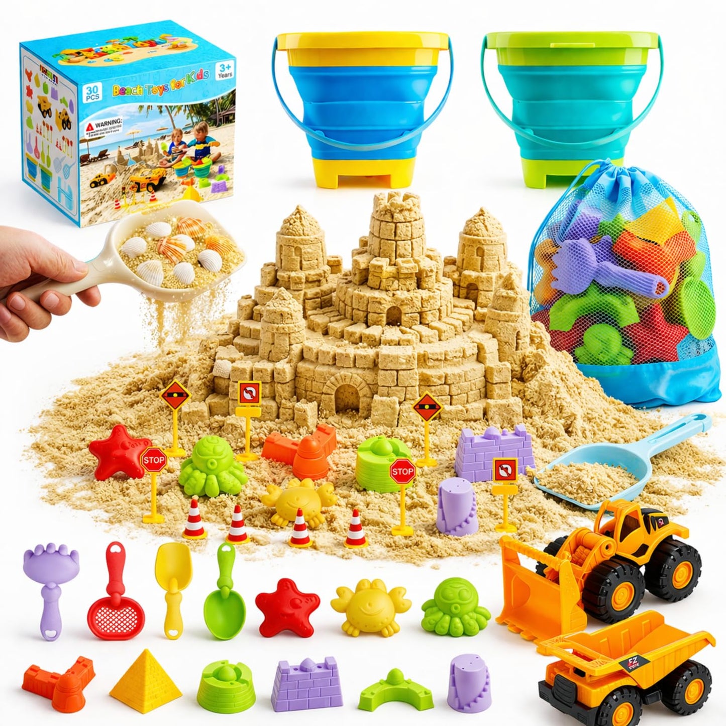 KONYXALU 30PCS Beach Toys for Kids Ages 3-10, All-in-One Sand Toy Set with 2 Collapsible Buckets, Mesh Bag for Easy Packing, Trucks, Sea Animal Molds, Shovels & Sieves for Beach, Sandbox & Snow Play