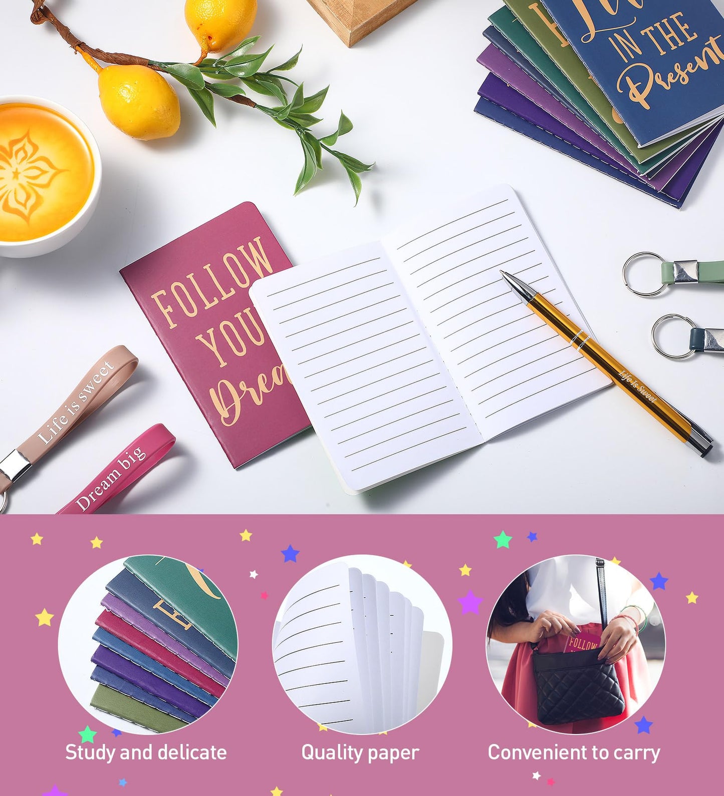 PerKoop 48 Pcs Inspirational Gifts Set Inspirational Quote Notepads 3 x 5 Inch Motivational Ballpoint Pens Keychains Bulk Colorful Journal Notebooks for School Office Party Favor Supplies