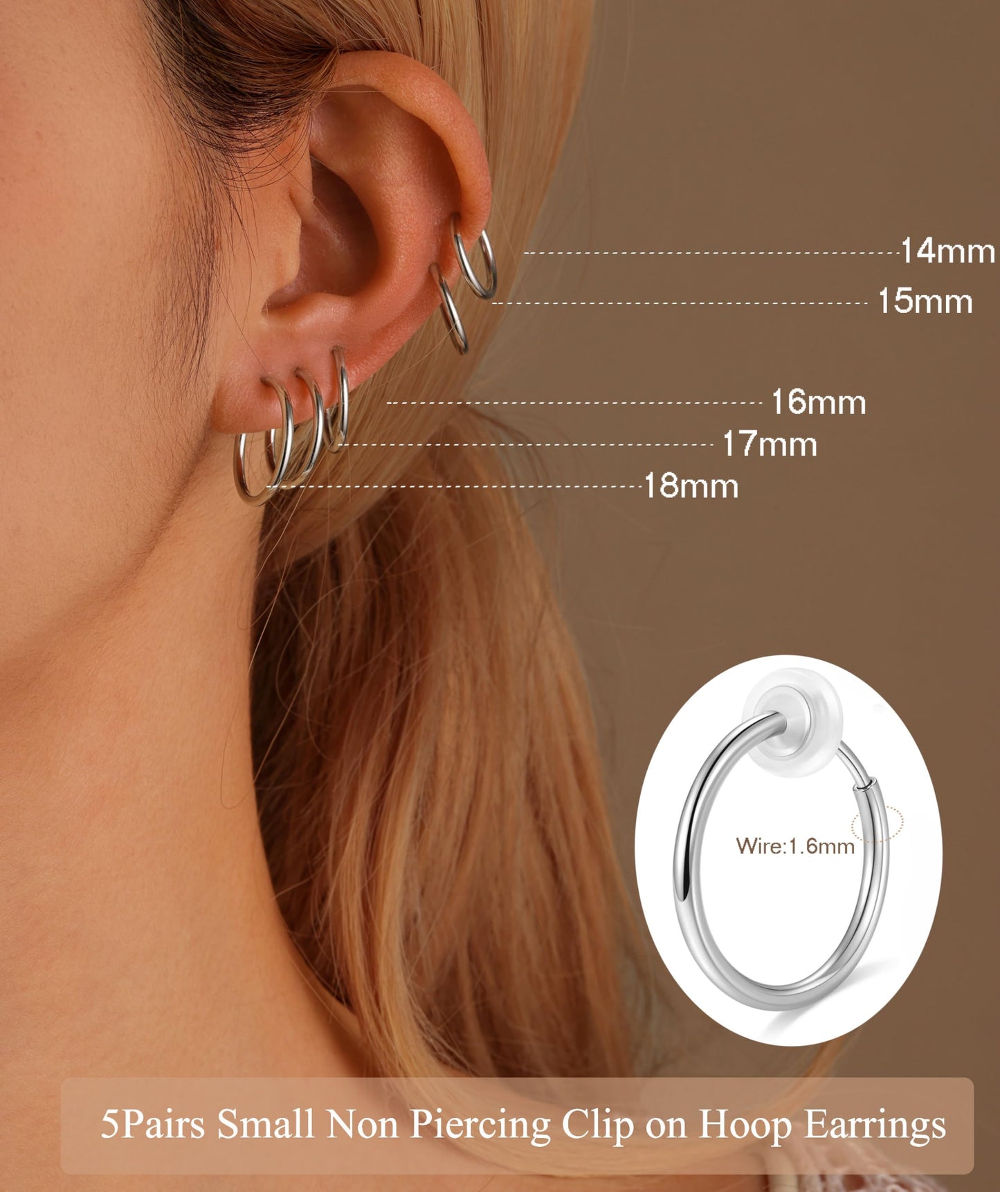 PLOMFOV Clip On Hoop Earrings for Women Small Silver Plated Clip On Earrings Women Fake Hoop Earrings Non Pierced Earrings 14mm-18mm