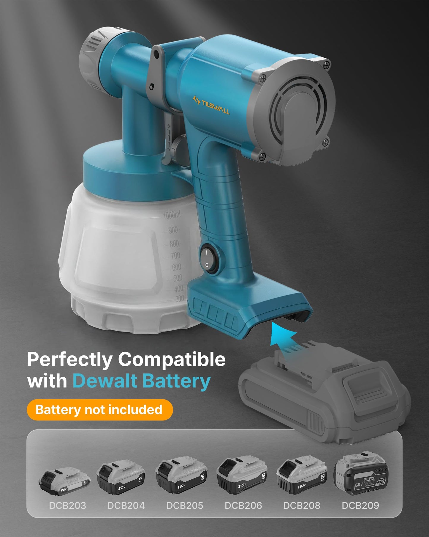 Tilswall Cordless Paint Sprayer Compatible with Dewalt 20V Battery (Battery Not Included), Portable Spray Paint Gun with 33.8 fl oz Container, 3 Spray Modes for House Fence Wall Wood Furniture