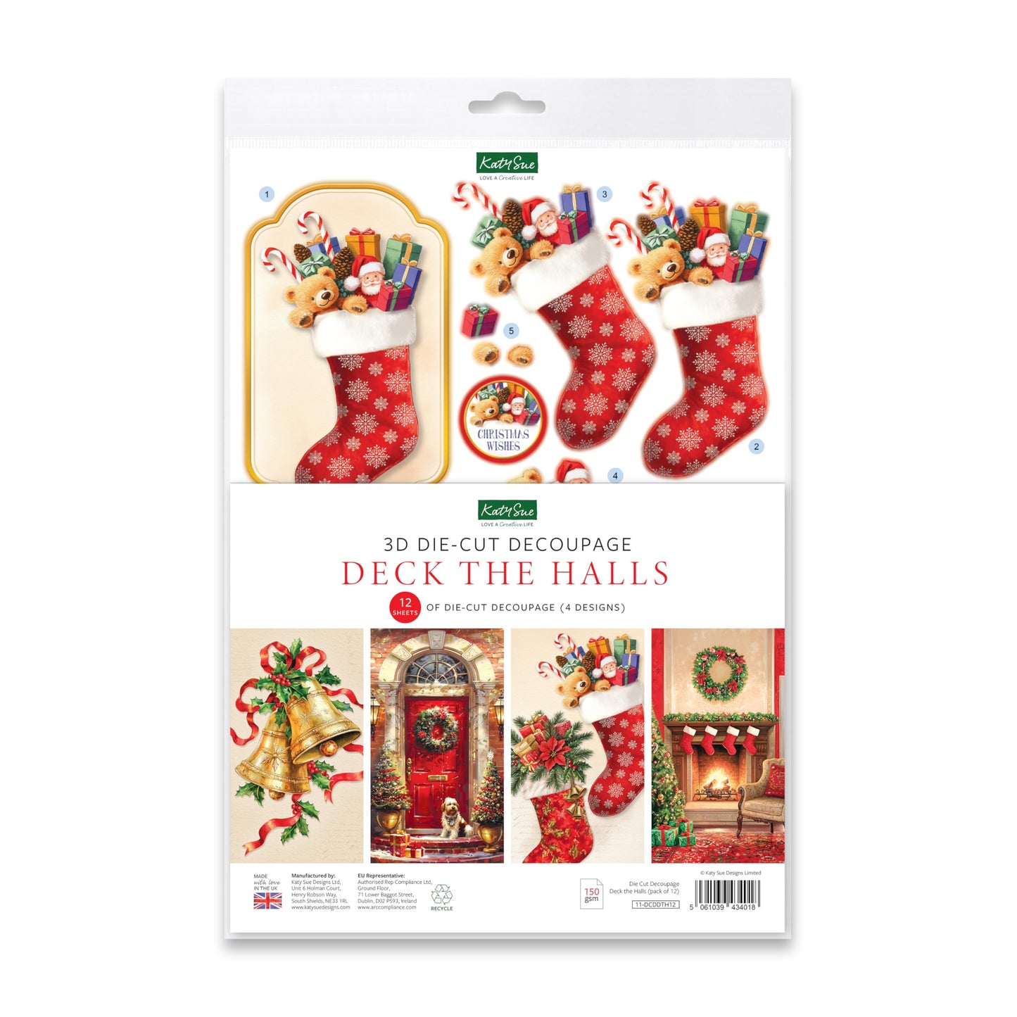 Katy Sue Deck The Halls Die-Cut Decoupage Pack. 12 Pre-Cut Die-Cut Decoupage Sheets for Christmas Card Making Supplies & Card Toppers Featuring Christmas Stocking, Jingle Bells & Holiday Scenes