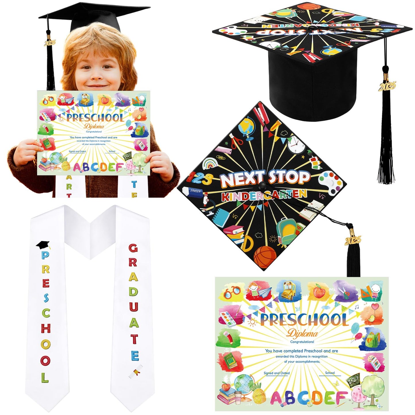 JaGely 3 Pcs Preschool Grade Graduation Set Graduation Cap with 2026 Tassel Graduation Stole Sash with Diploma Certificates Set for Students Supplies Teachers Parents Graduation Gifts